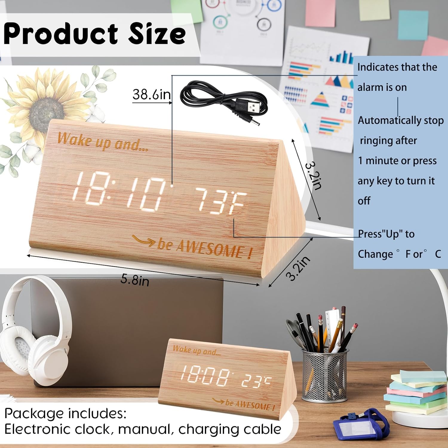 Wooden Digital Alarm Clock with LED Display and Temperature Sensor