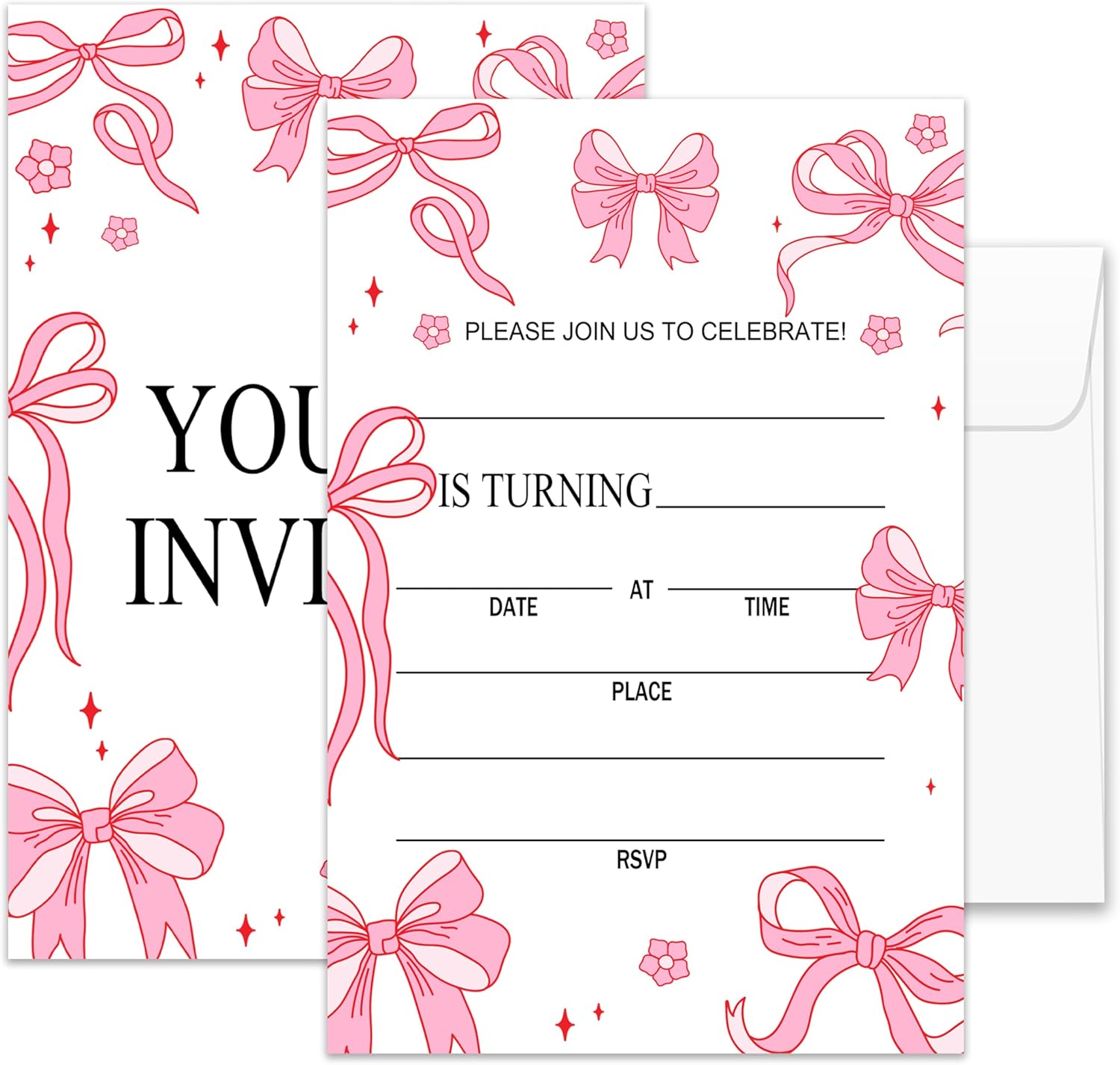 Pink Bow Birthday Invites for Girls 20 Pcs