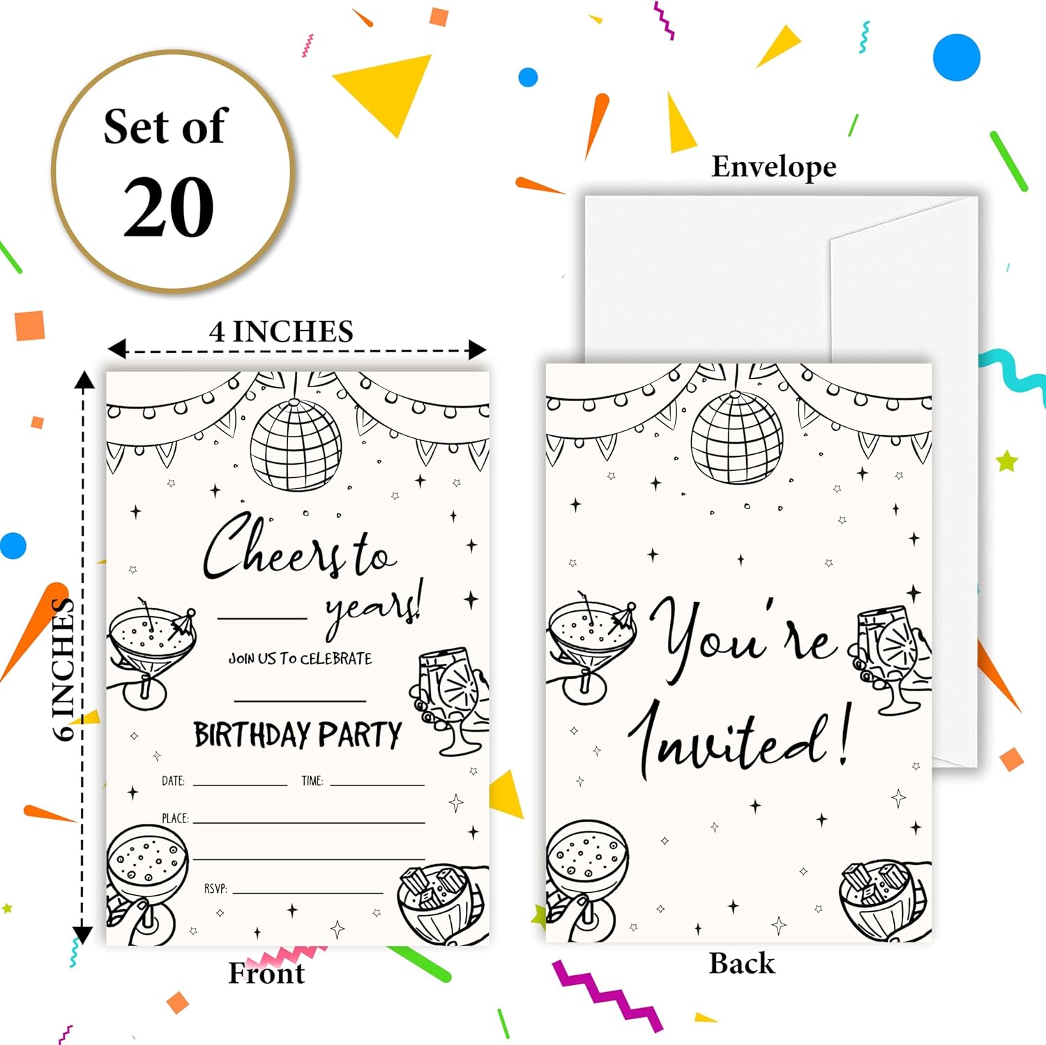 OXRUN Hand Drawn Birthday Invites Set of 20 with Envelopes