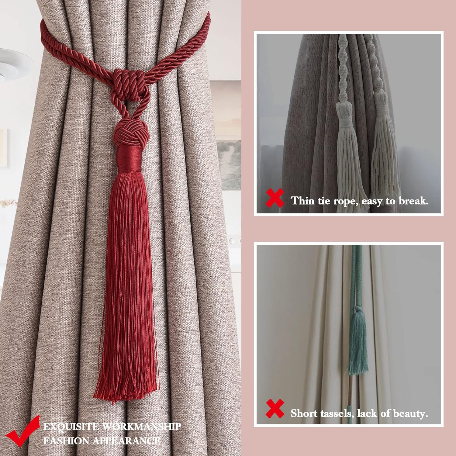 NICEEC 4 Pack Wine Red Tassel Curtain Tiebacks