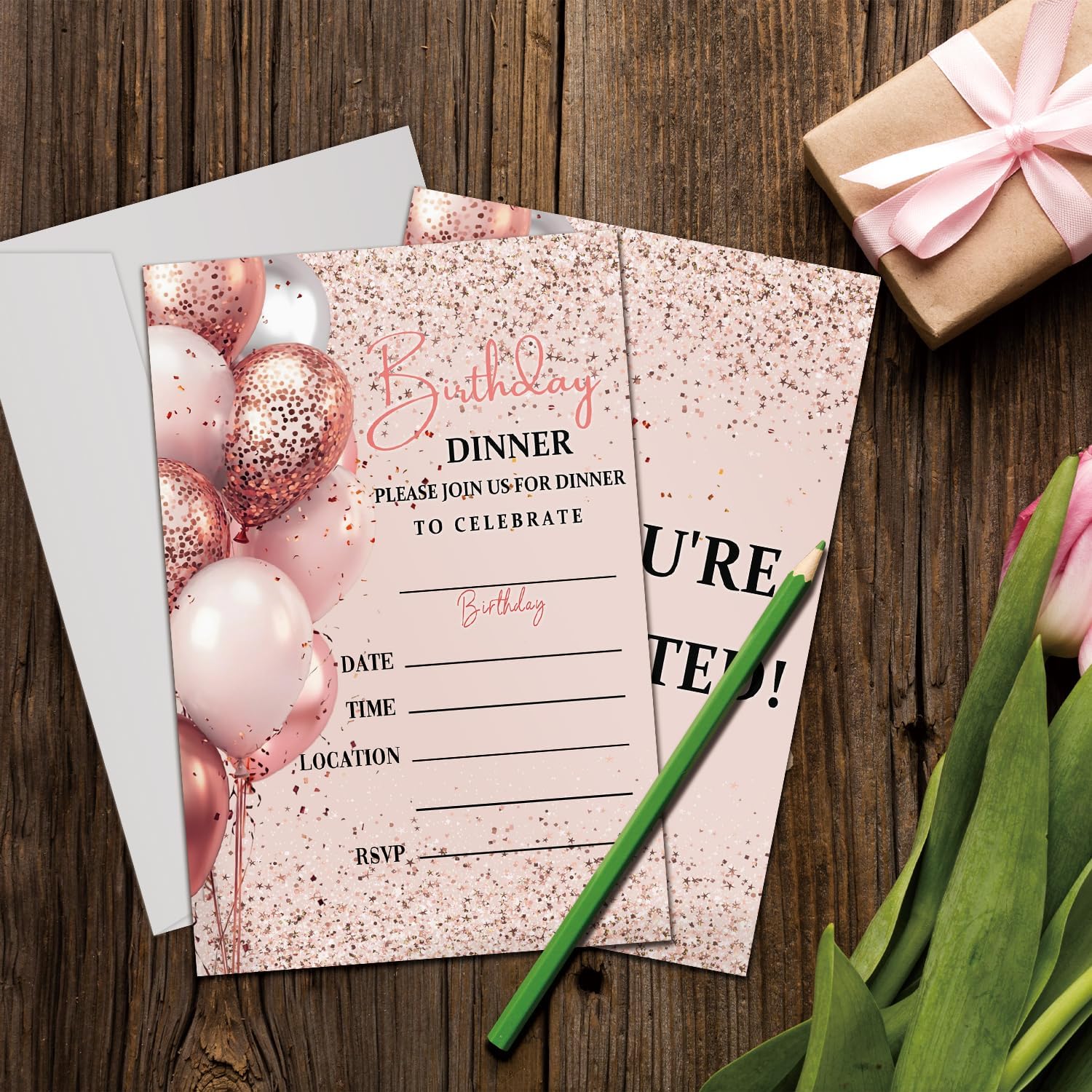 20 Pink Silver Birthday Invites with Envelopes