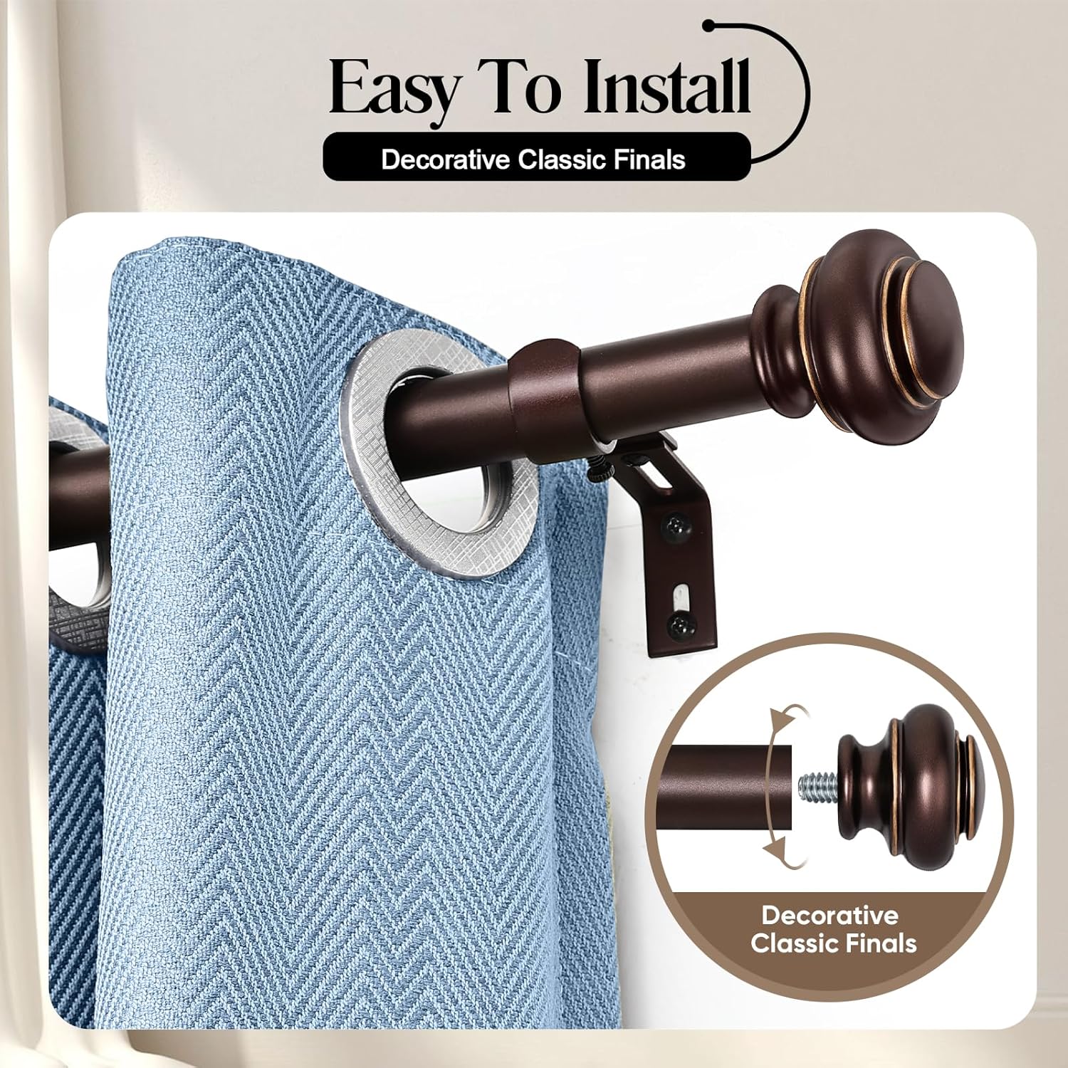 Heavy Duty Bronze Curtain Rods 28 to 120 Inches with Adjustable Finials