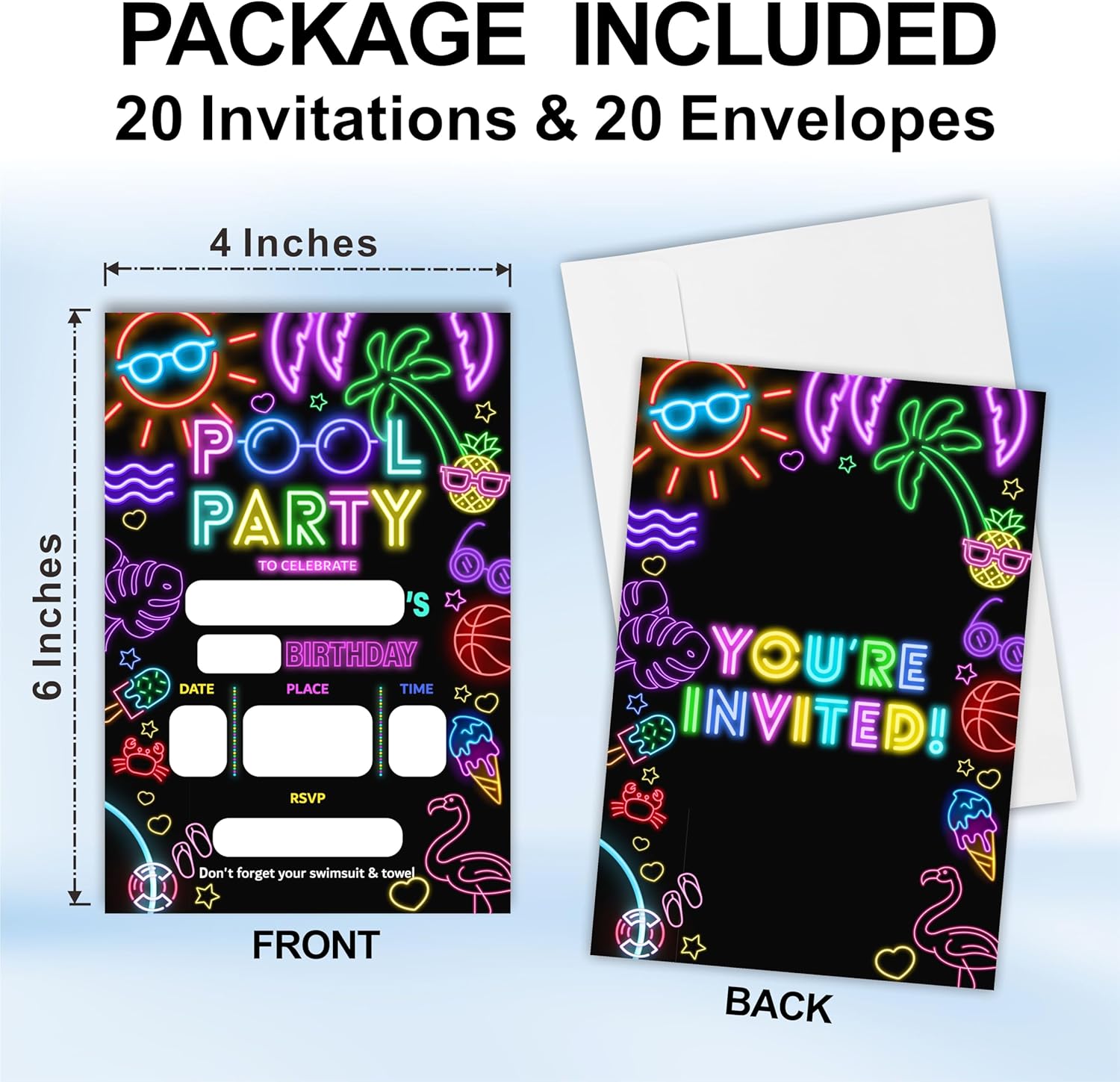 Neon Tropical Beach Birthday Invite Cards Set of 20 with Envelopes C09