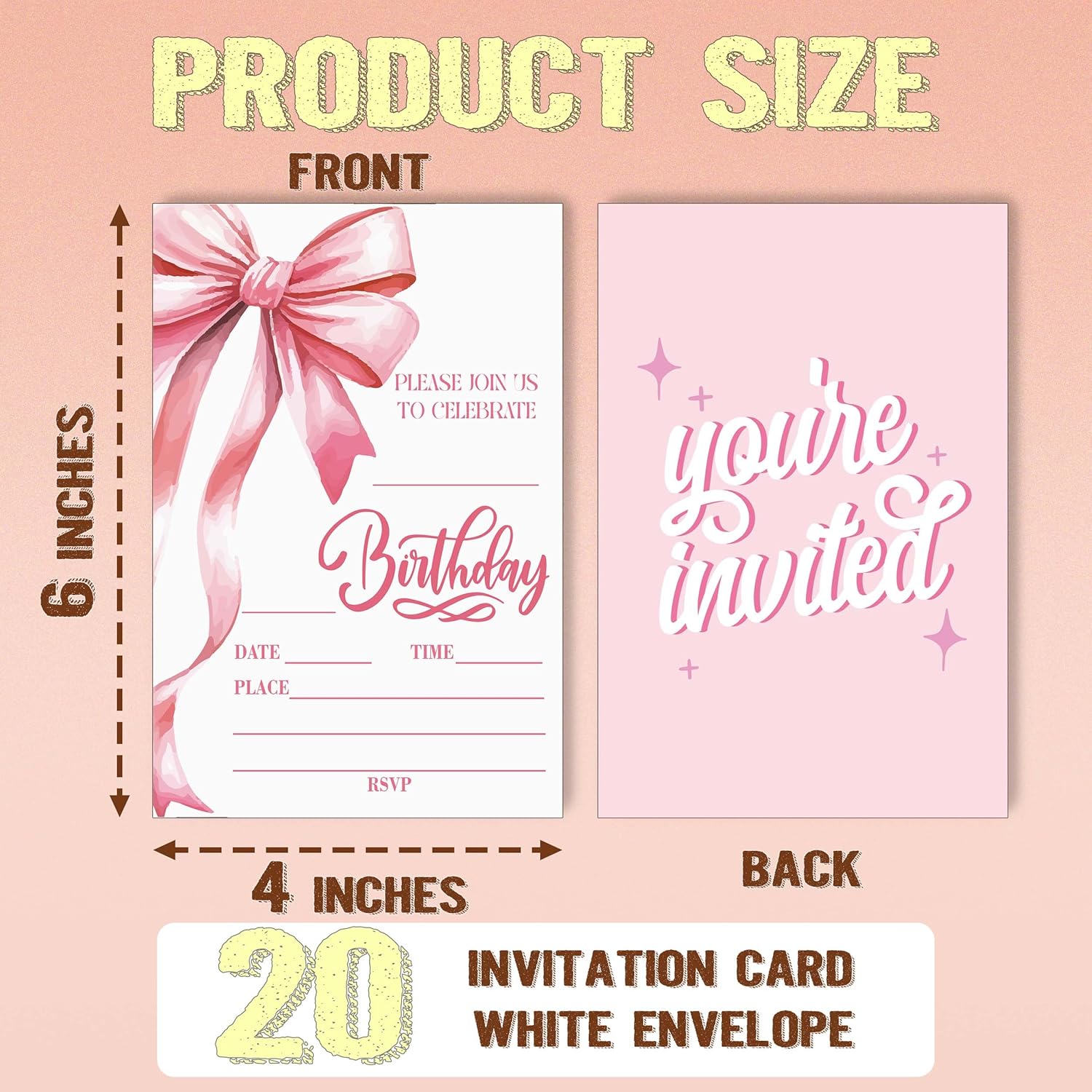 Pink Bow Birthday Party Invitation Cards 20pcs with Envelopes