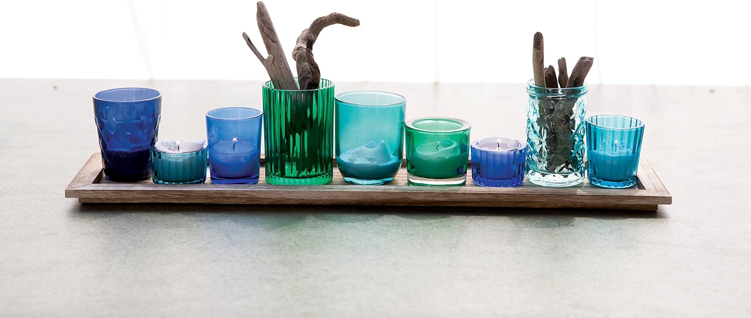 Creative Co Op Wood Tray with 9 Blue and Green Glass Votive Holders