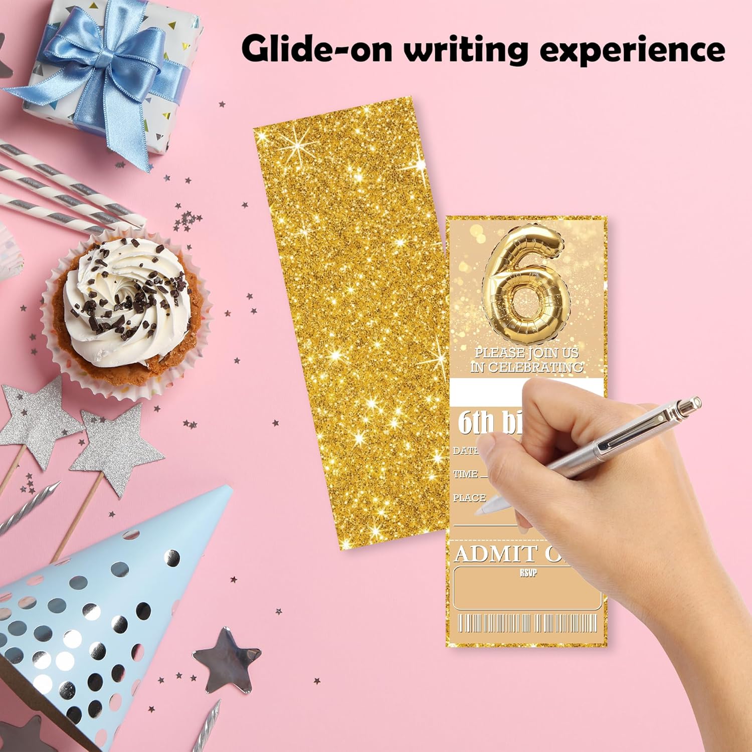 3 x 8 Inches Birthday Invitations with Gold Balloon Glitter Design