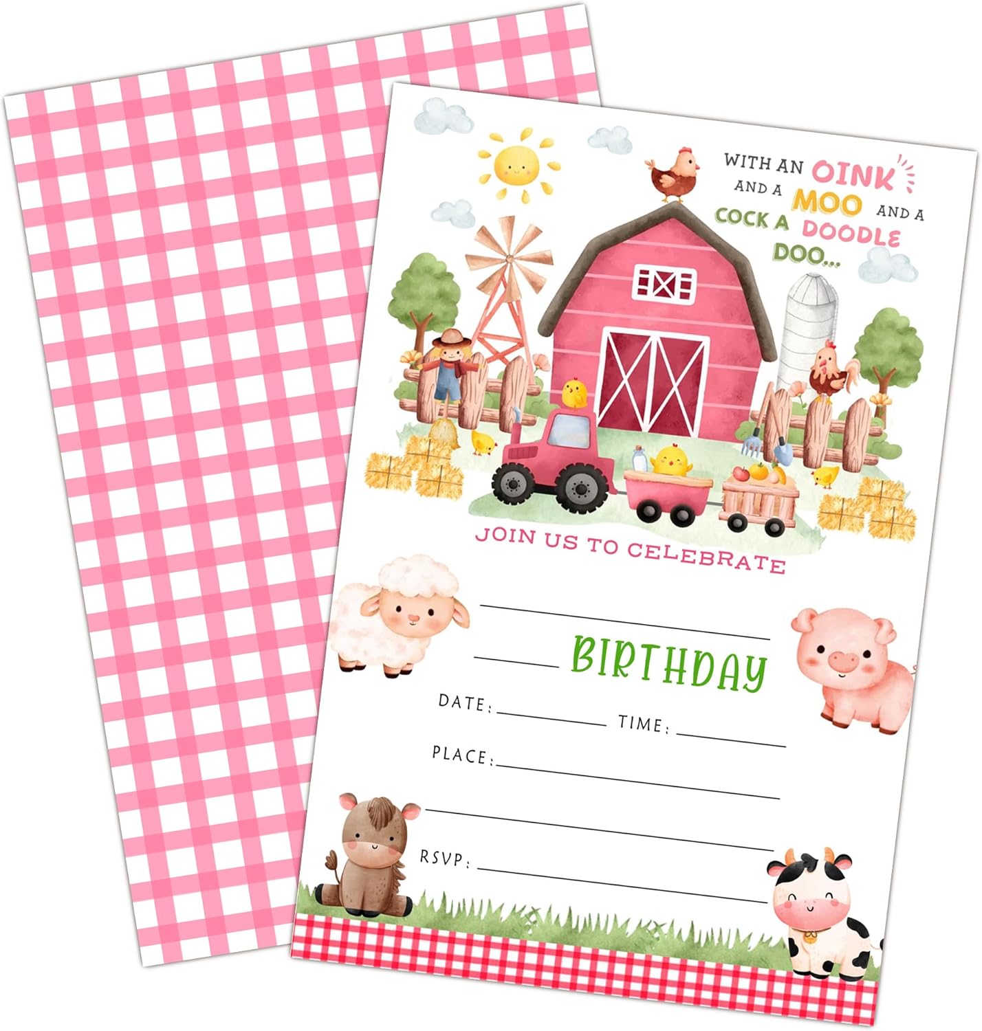 Geuro Barn Farm Animals Birthday Party Invitation 20set Pink