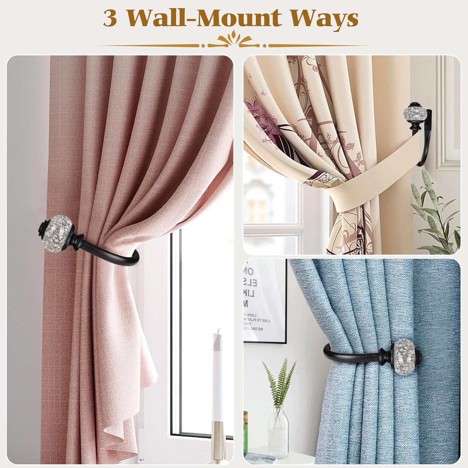 2 Pack Black Curtain Holdbacks with Crystal Finials