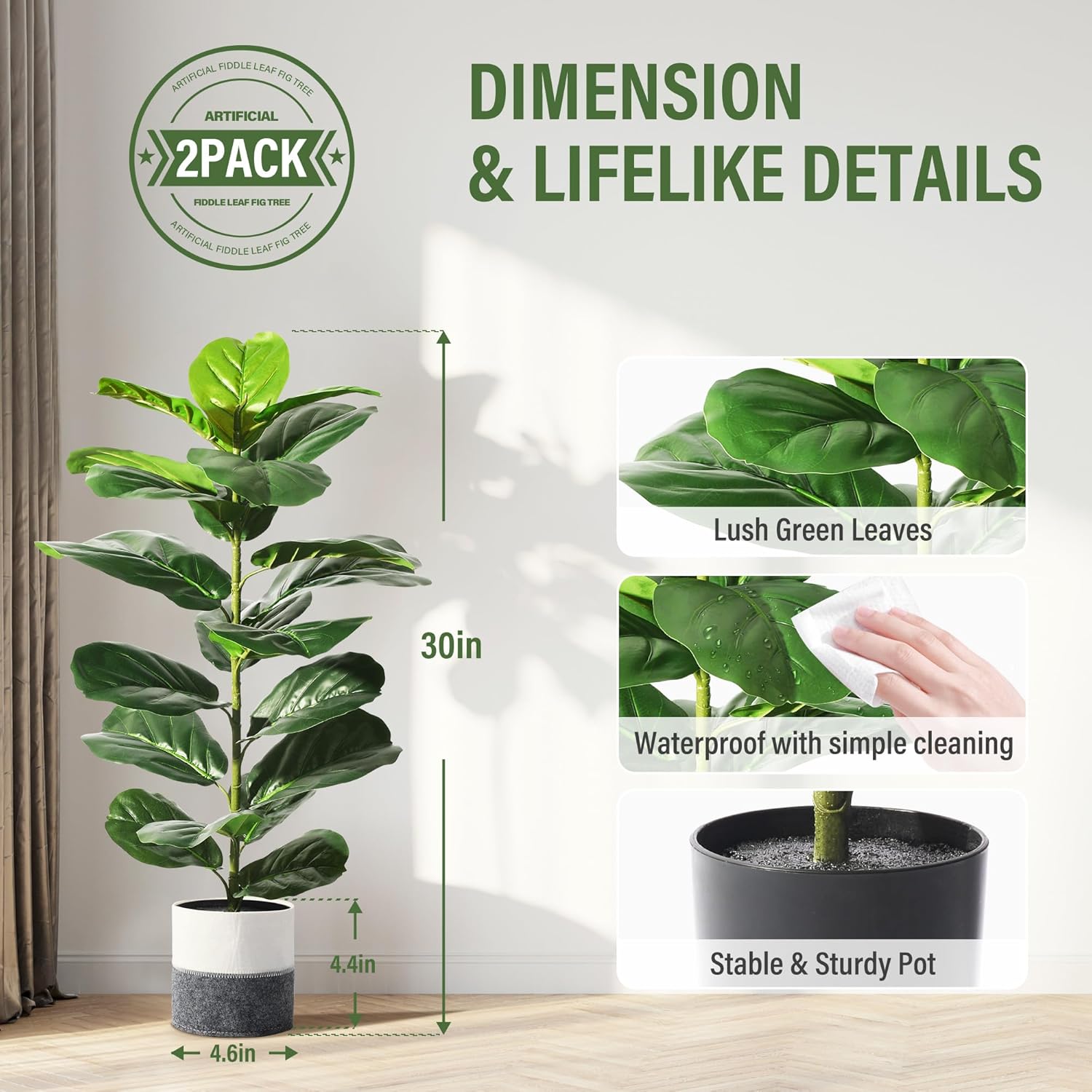 Suntee 2 Pack Artificial Fiddle Leaf Fig Trees 30 with Pots