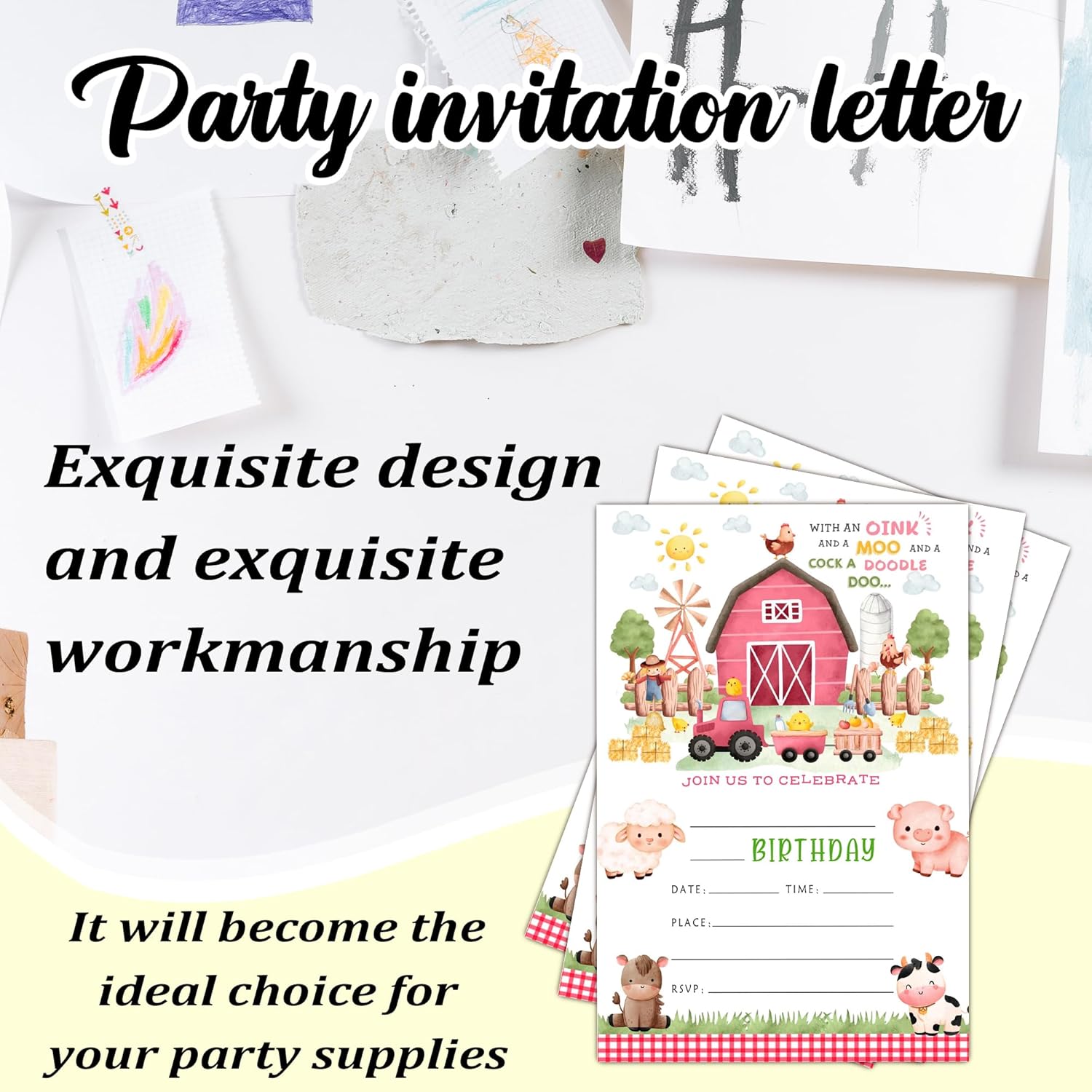 Geuro Barn Farm Animals Birthday Party Invitation 20set Pink