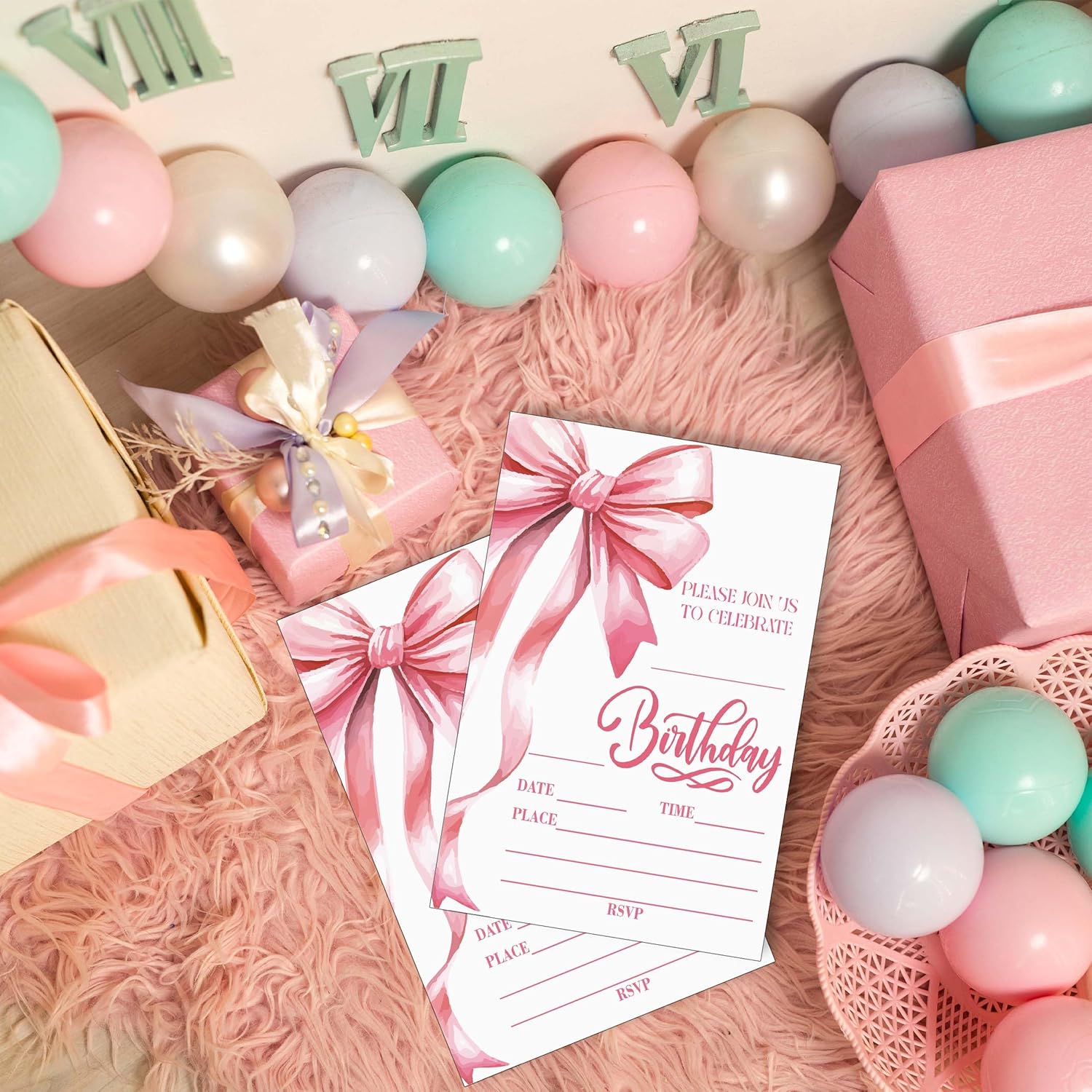 Pink Bow Birthday Party Invitation Cards 20pcs with Envelopes