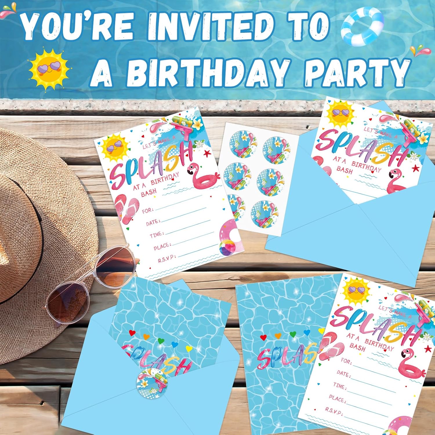 36PCS Pool Birthday Invitations with Stickers and Envelopes