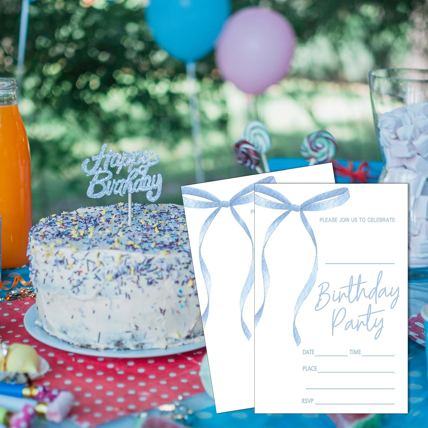 SIXEIGHT Blue Bow Birthday Invitations 4x6