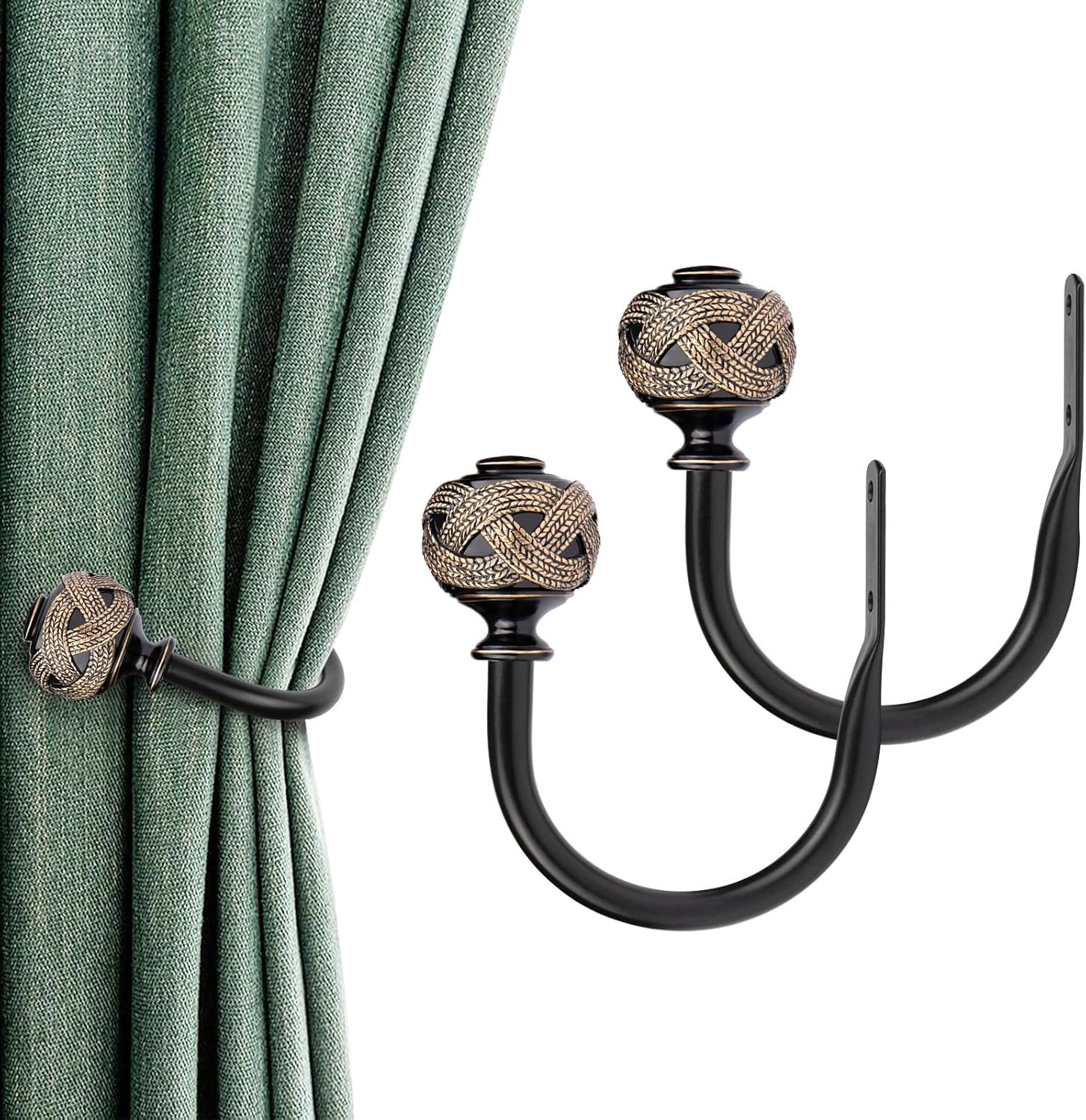 2 Pack Black Curtain Holdbacks with Leaf Finials
