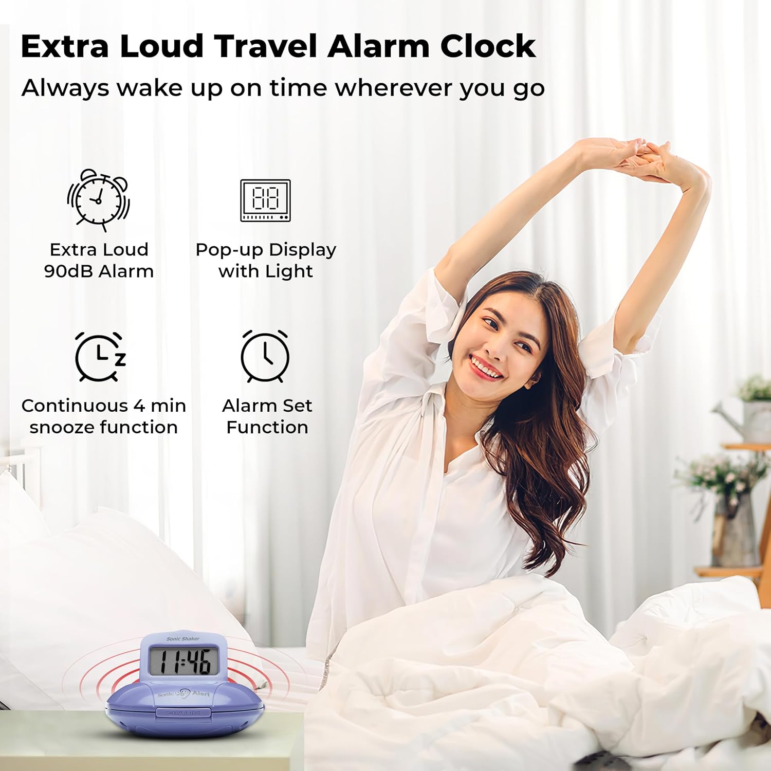 Sonic Alert Digital Alarm Clock - Travel Bed Shaker for Heavy Sleepers