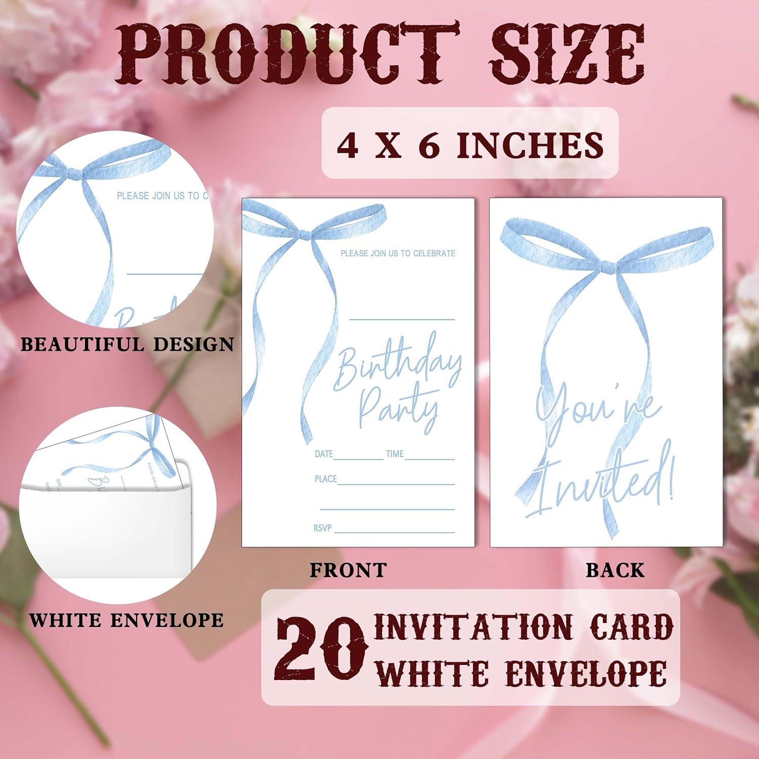 SIXEIGHT Blue Bow Birthday Invitations 4x6
