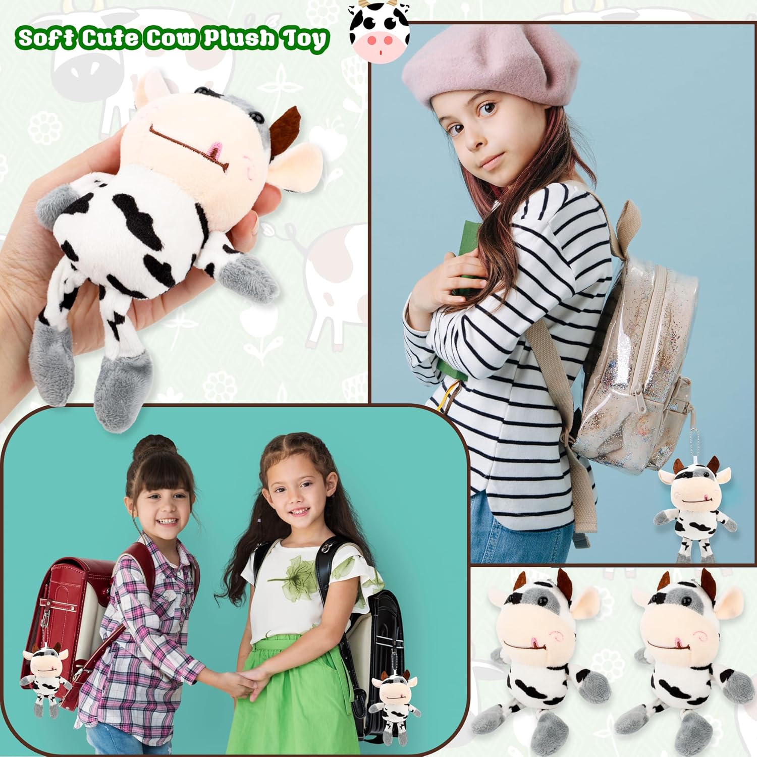28 Pcs Plush Cow Keychain Cute Farm Animal Keyring Set