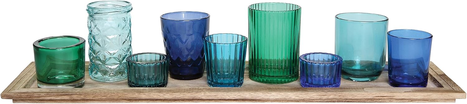 Creative Co Op Wood Tray with 9 Blue and Green Glass Votive Holders