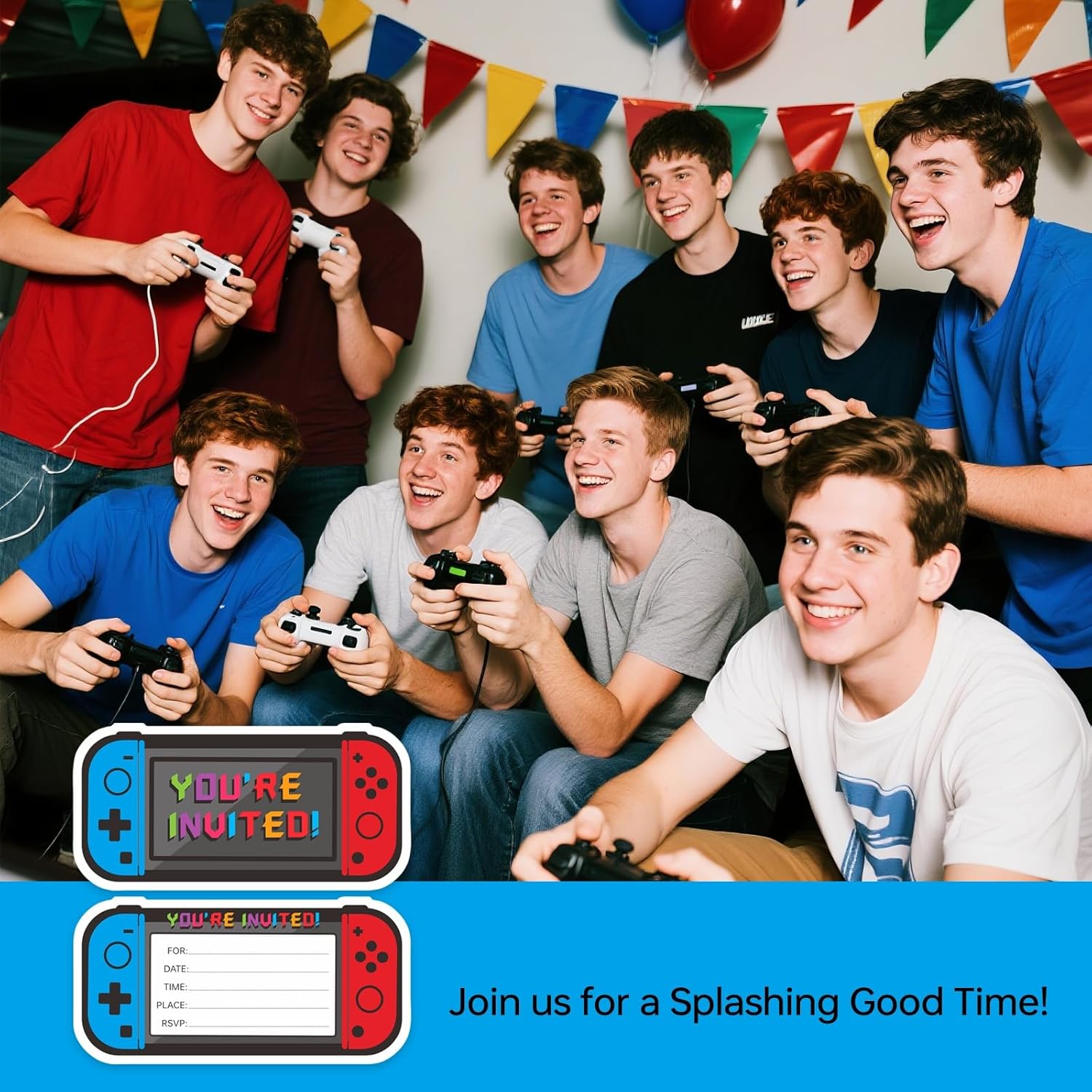 Video Game Birthday Invites 3x6 Inch Double Sided with 20 Envelopes