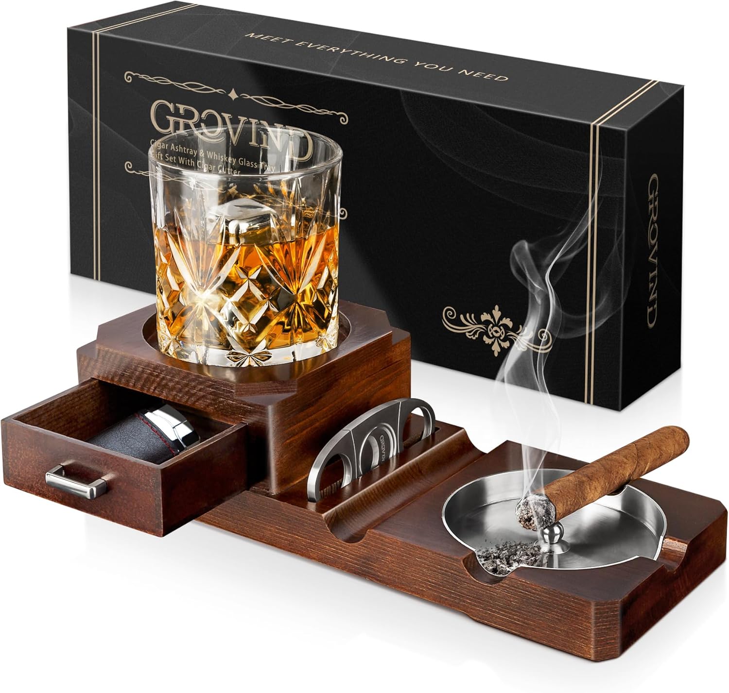 Grovind Cigar Ashtray Set with Cutter and Whiskey Tray