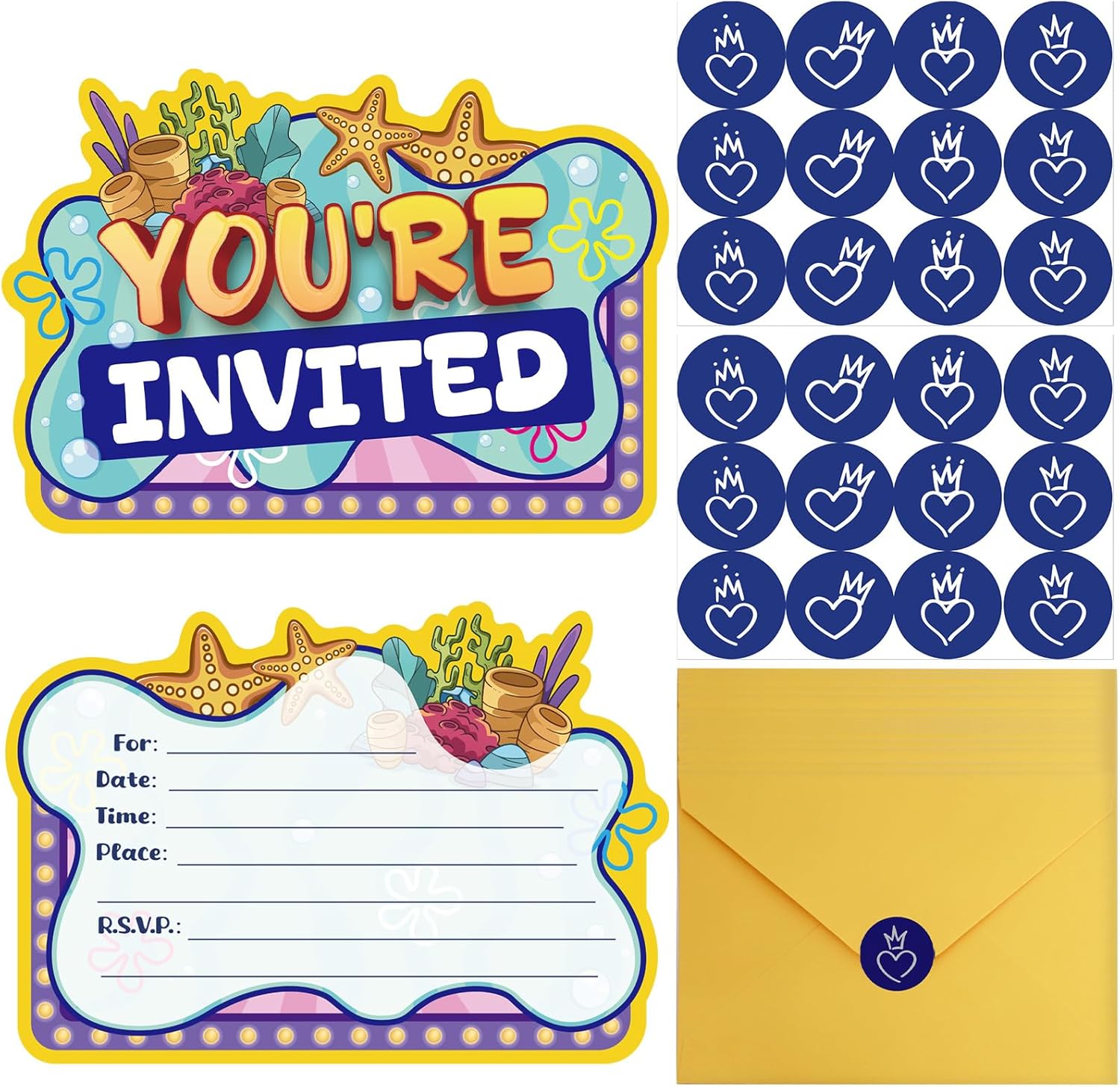 Yellow Birthday Invitations with Sticker Labels 20Pcs Set