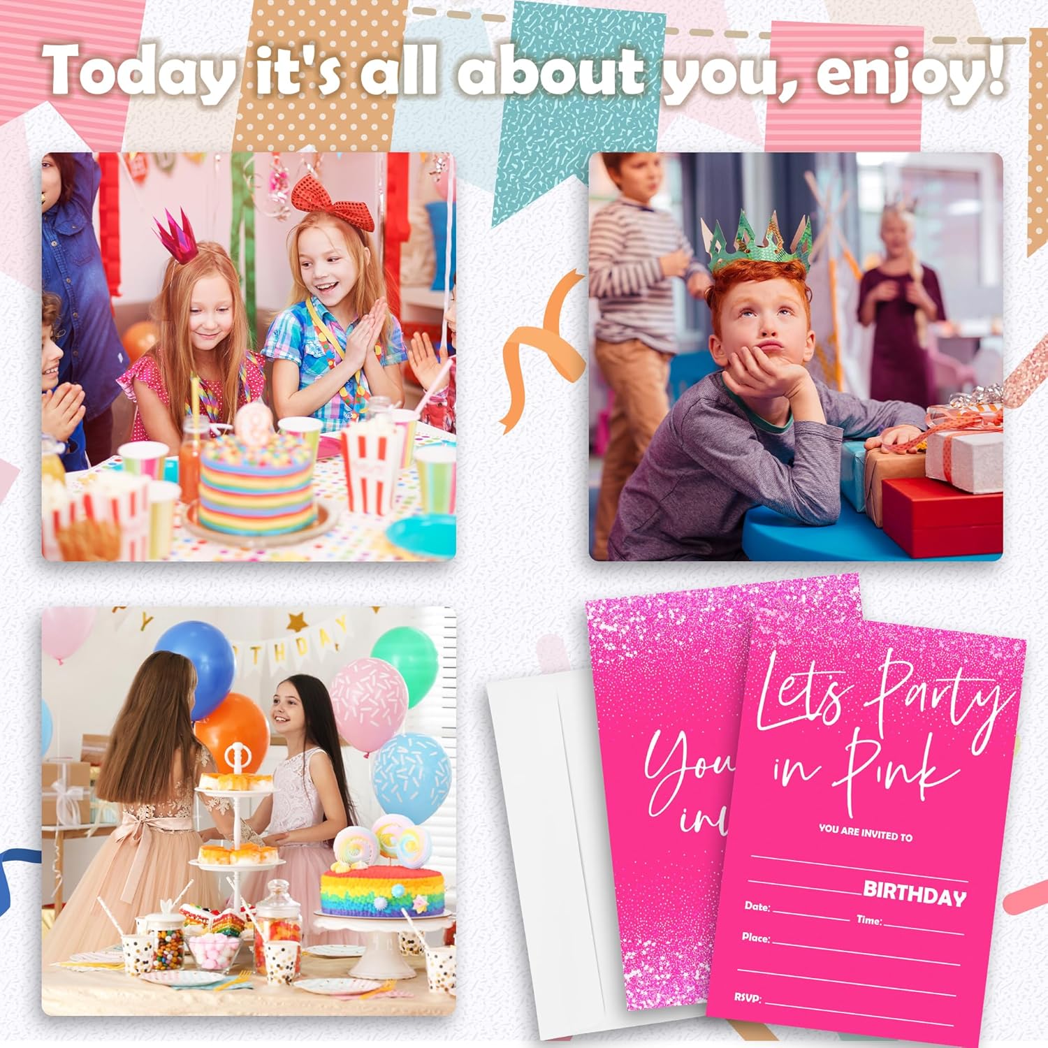 Lets Party Birthday Invites in Pink - 20pcs with Envelopes