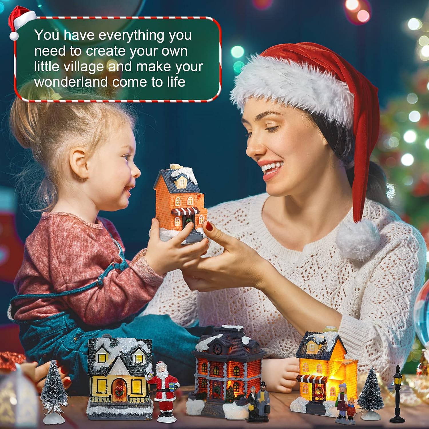 Gejoy 12 Pcs Christmas Village Set LED Lights Figurines Decor