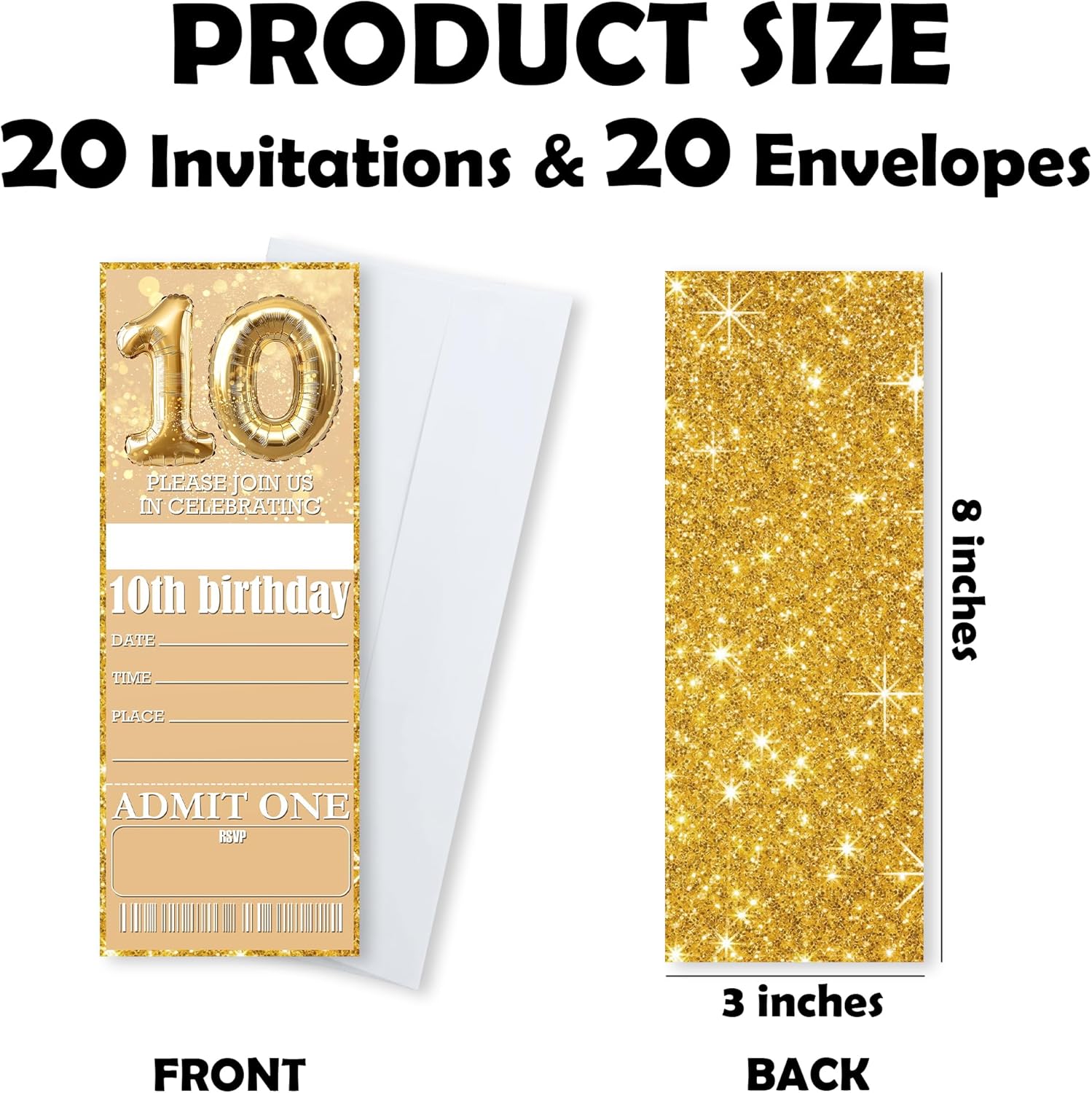 10th Birthday Party Invitations Gold Balloon Glitter Cards