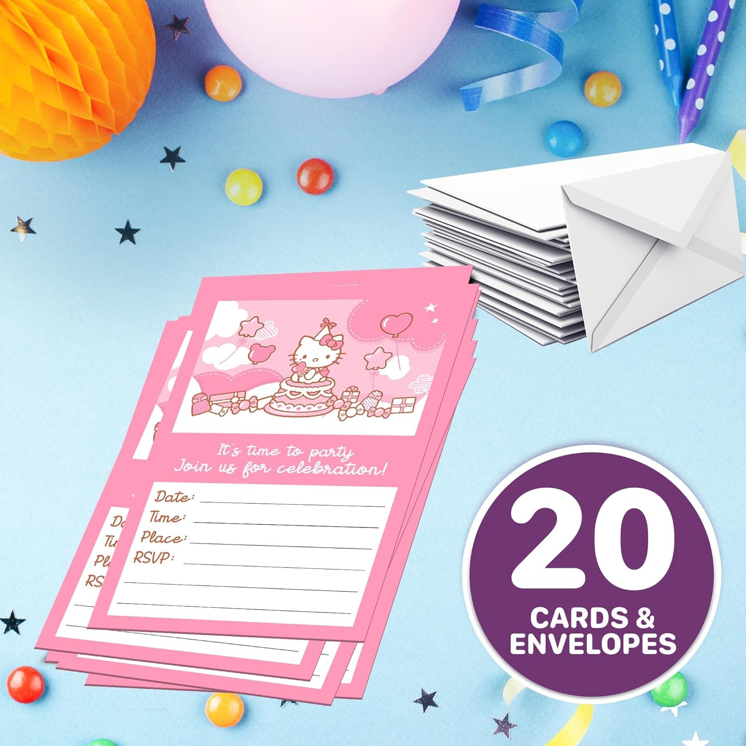 Set of 20 Cute Pink Cat Birthday Invites with Envelopes