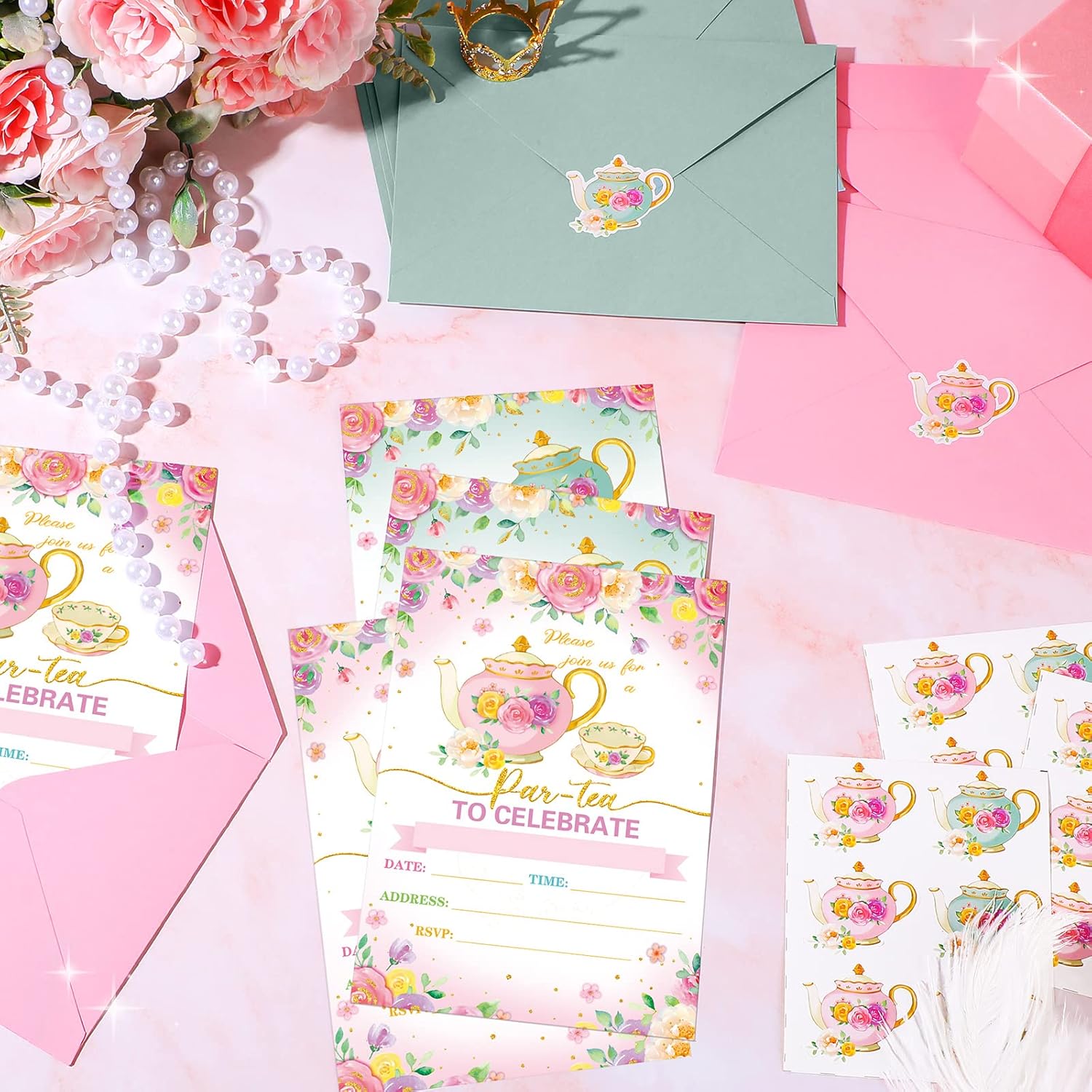 Geyoga 24 Pcs Tea Party Invites with Envelopes and Stickers
