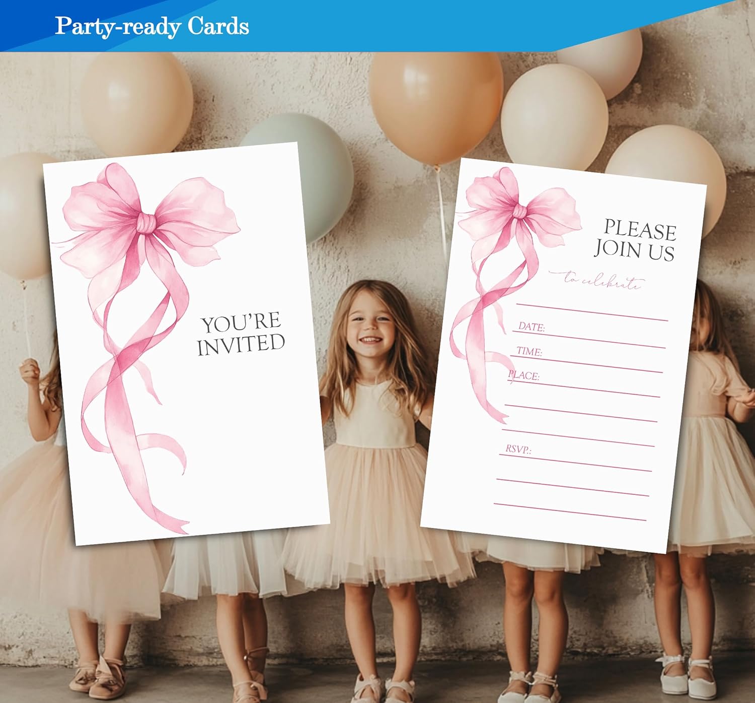 Pink Bow Birthday Invitations for Girls 4x6 30 Sets with Envelopes