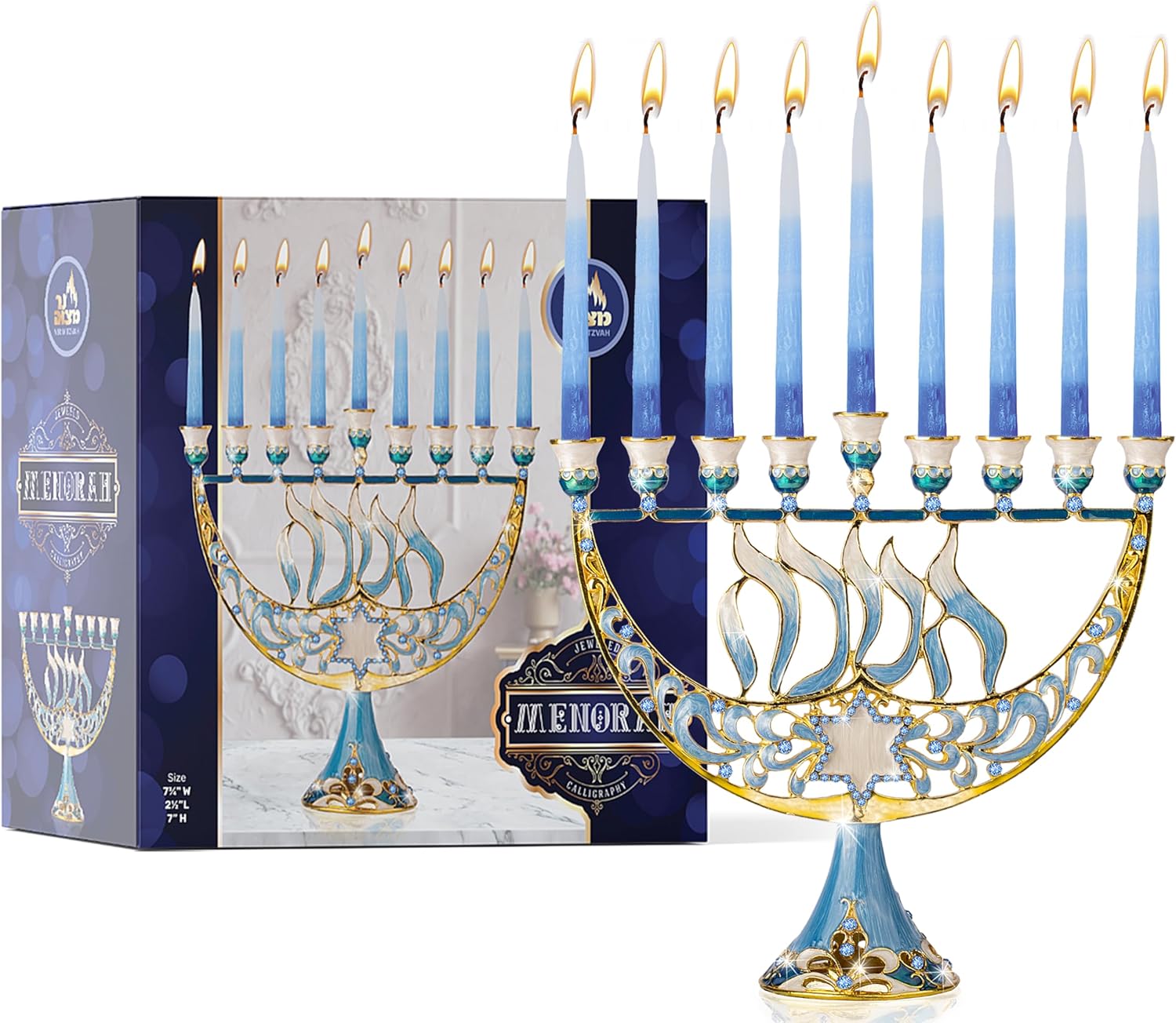 Ner Mitzvah Hanukkah Menorah with Blue Jewels and Star of David