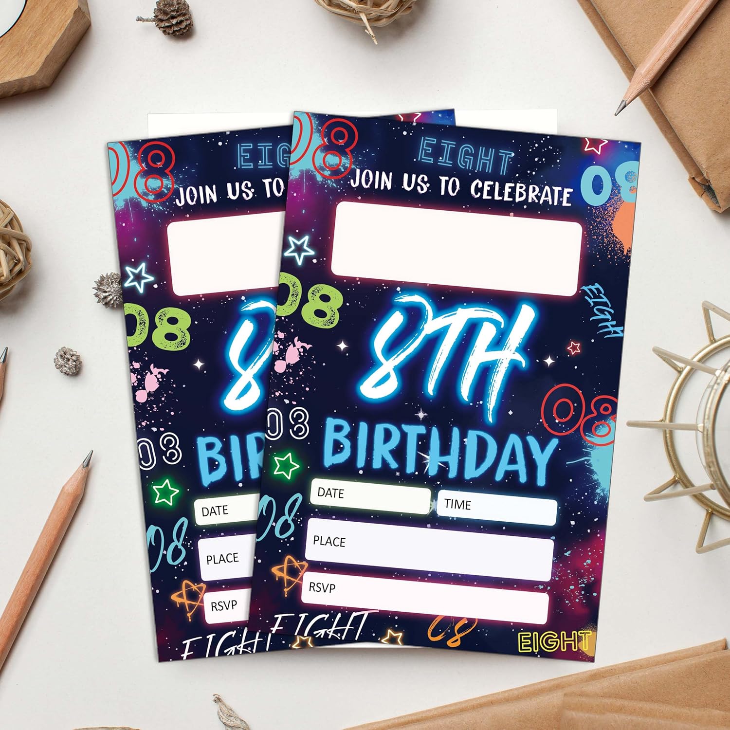Blue 8th Birthday Invitations with Envelopes
