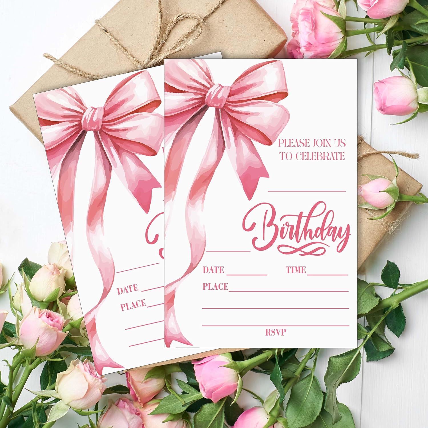 Pink Bow Birthday Party Invitation Cards 20pcs with Envelopes