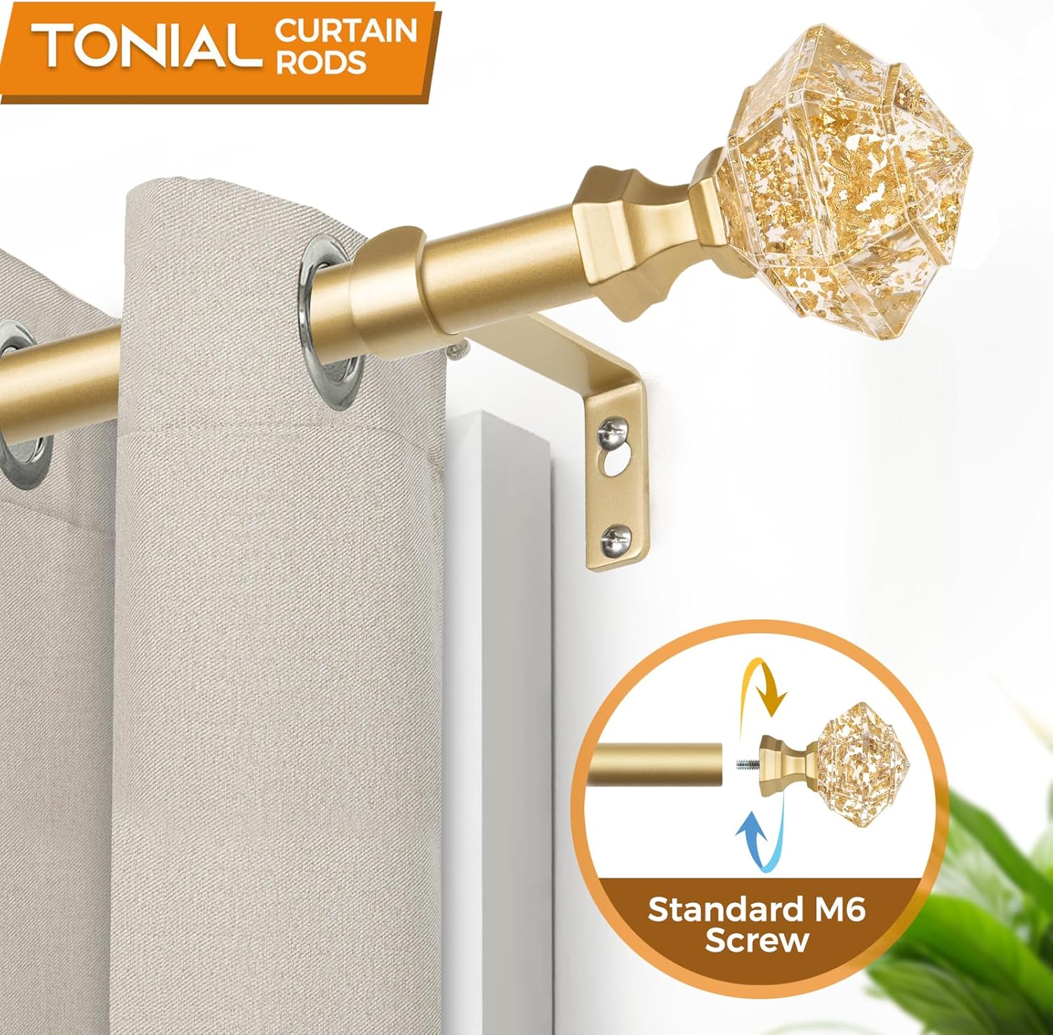 TONIAL Telescoping Window Rods 48-84 Inch Luxury Gold Diamond Finial