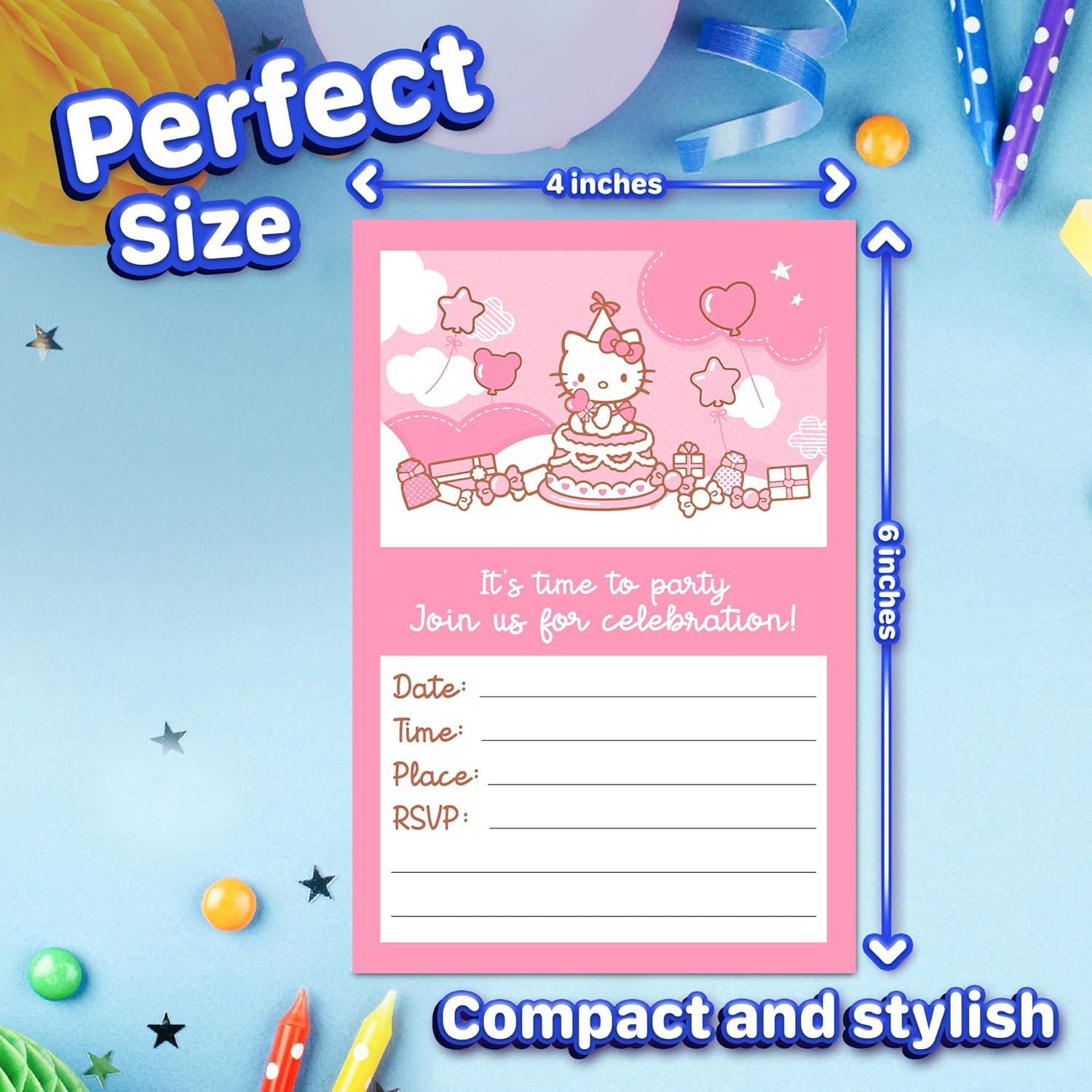 Set of 20 Cute Pink Cat Birthday Invites with Envelopes