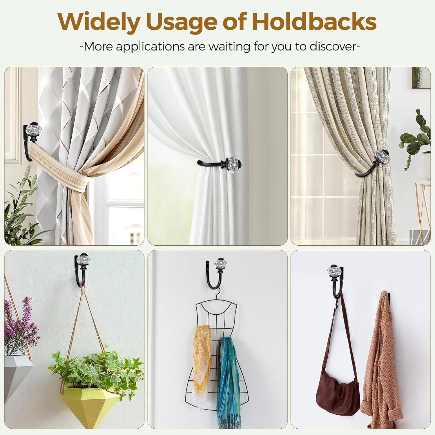 2 Pack Black Curtain Holdbacks with Crystal Finials