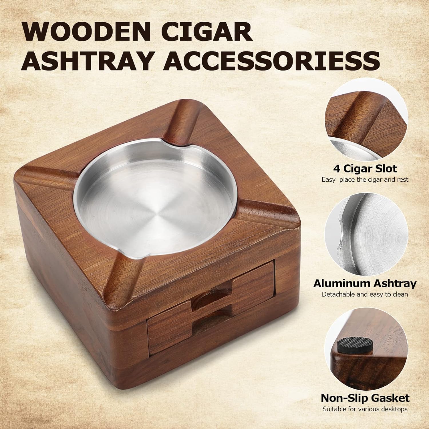 Tesonway Wooden Cigar Ashtray with 4 Slots and Drawer