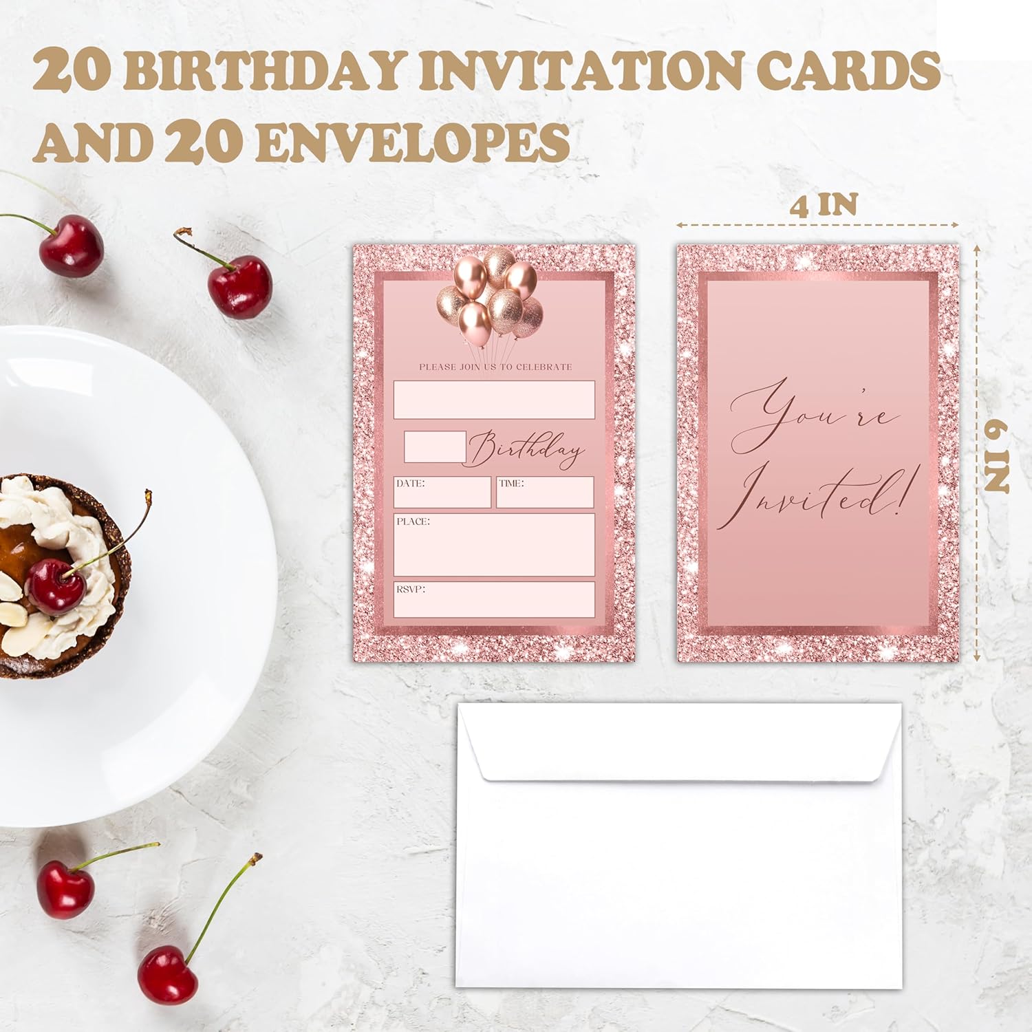 Rose Gold Birthday Invites for Kids Set of 20 with Envelopes