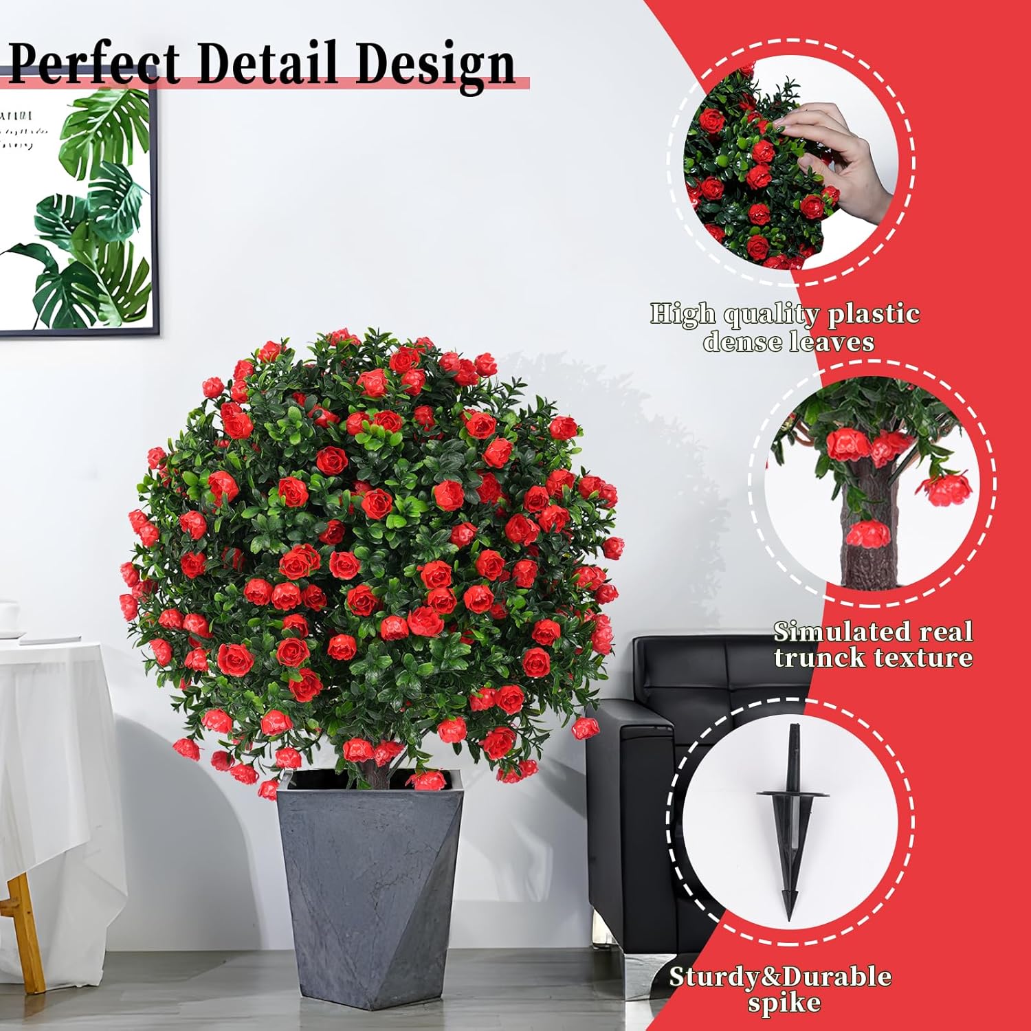 EverNature Artificial Topiary Ball with Red Rose 2 Set UV Resistant Fake Plants