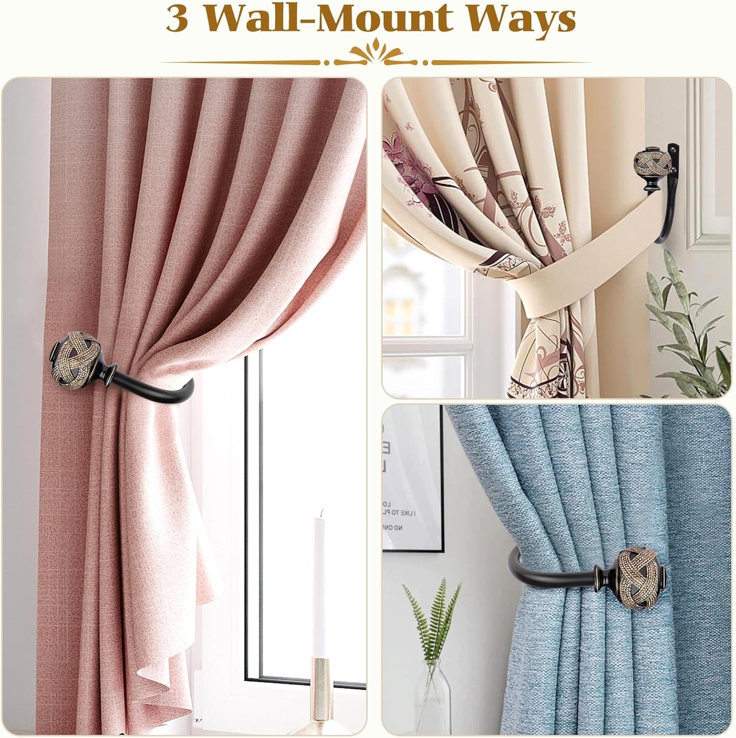 2 Pack Black Curtain Holdbacks with Leaf Finials