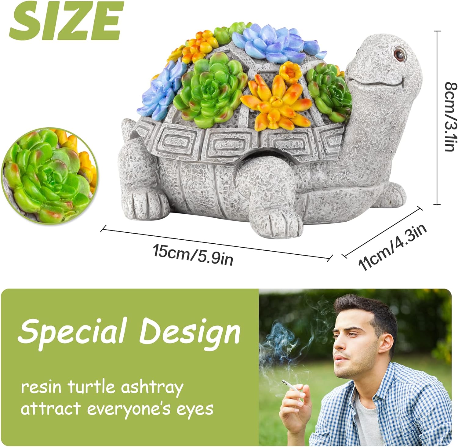 LESES Turtle Ashtray with Lid and Flower Design