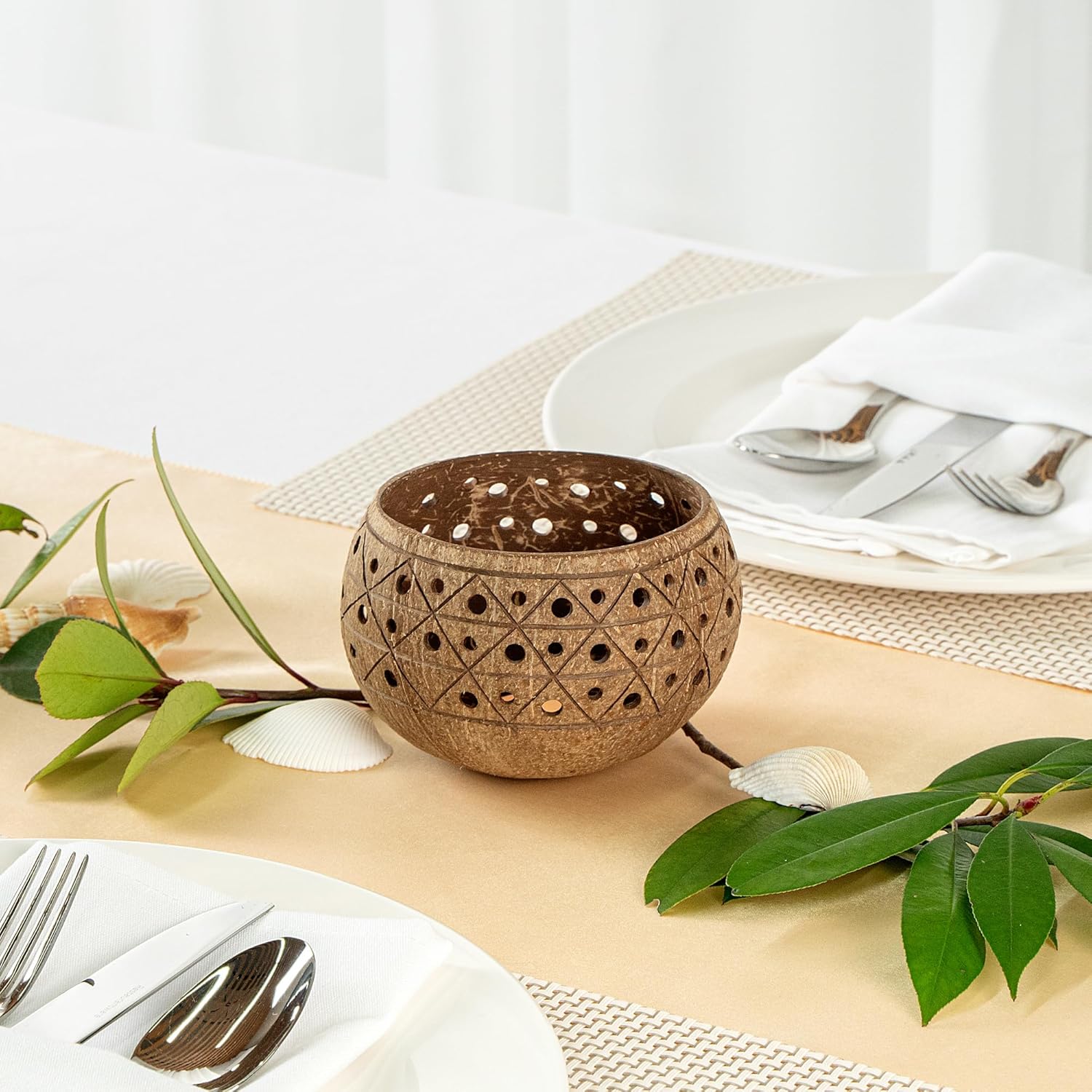 Restaurantware Coco Casa Coconut Shell Candle Holders 4x33 Inch Handcrafted Tan Bowls