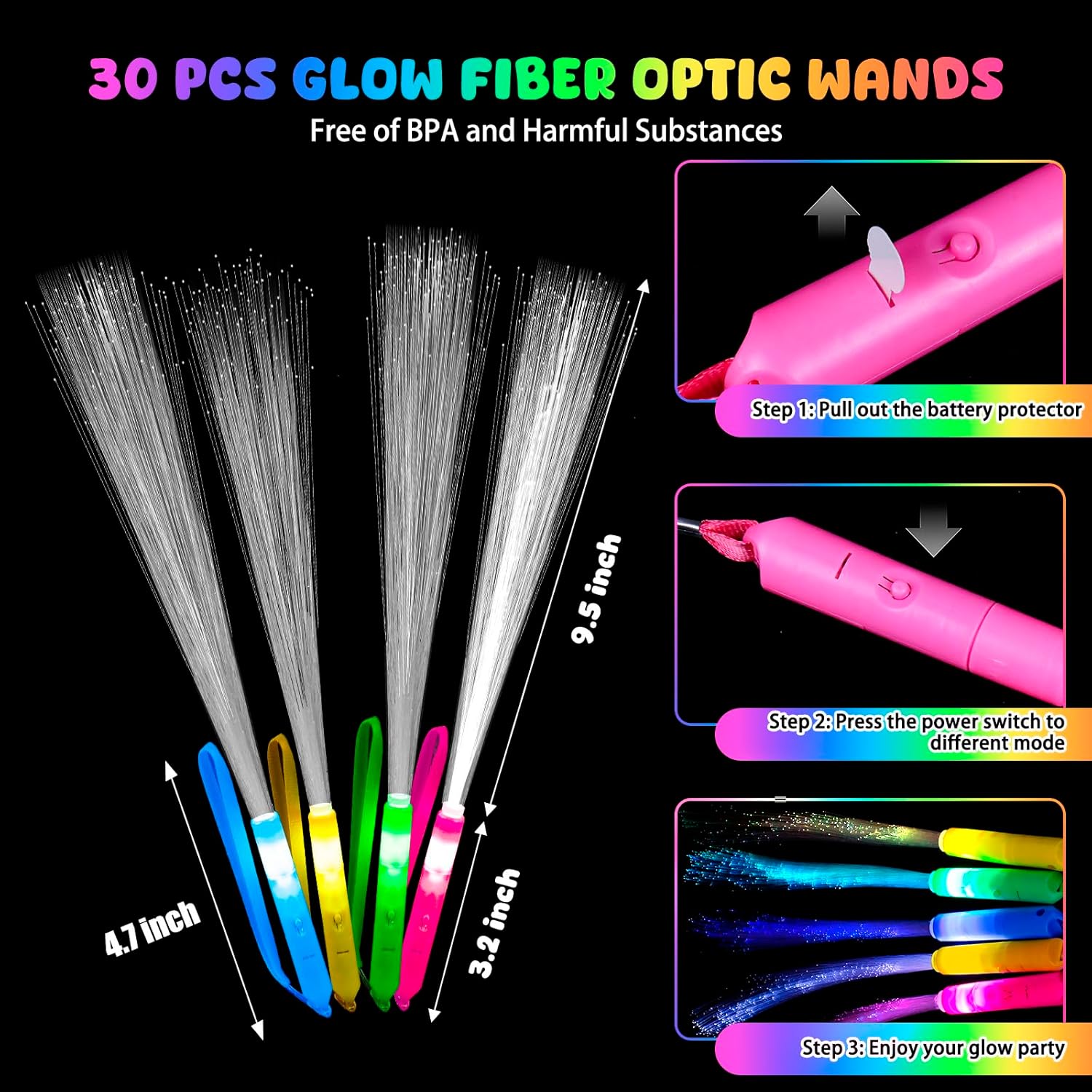 48PCS Fiber Optic Glow Sticks LED Light Up Wand