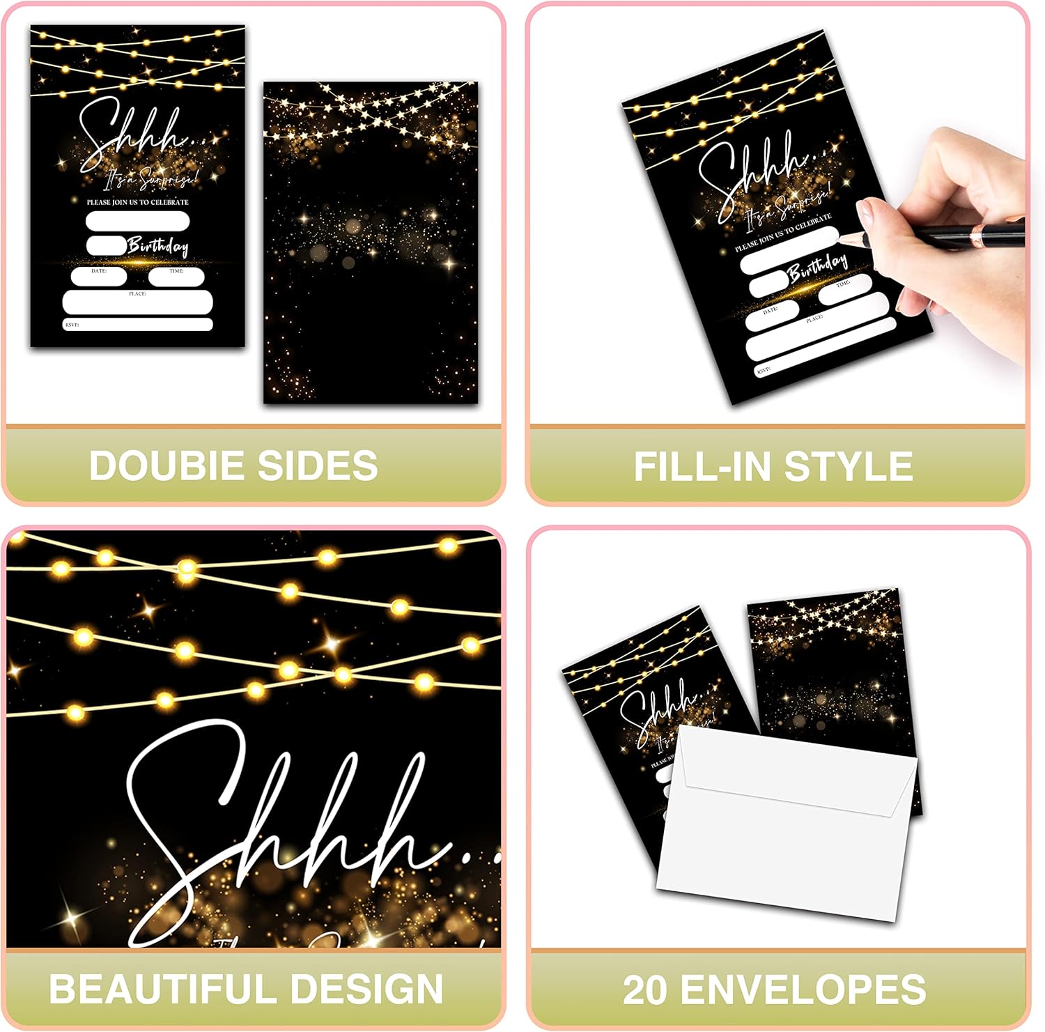 Surprise Birthday Invites with Envelopes 20 Pack
