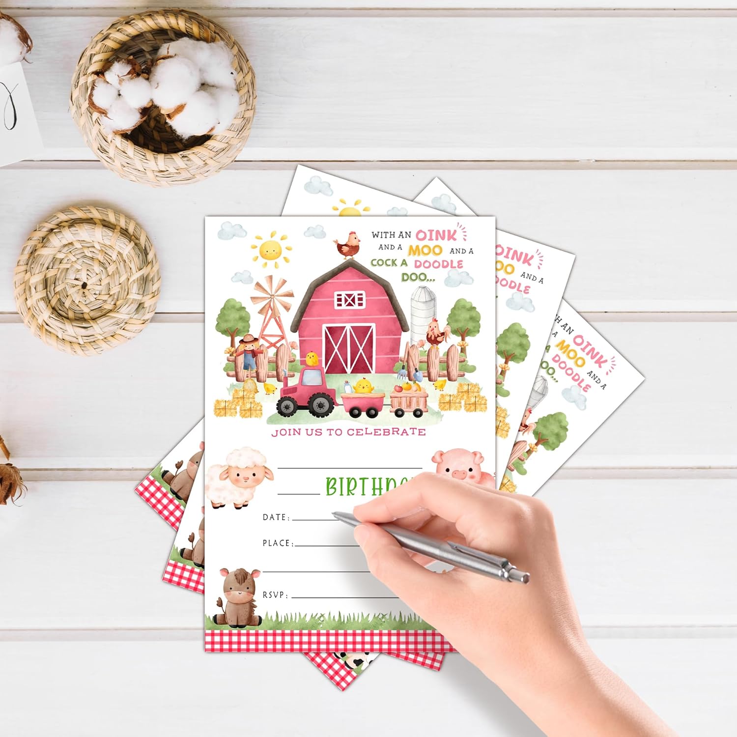 Geuro Barn Farm Animals Birthday Party Invitation 20set Pink