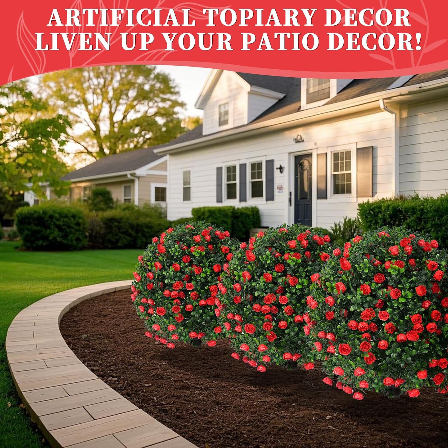 EverNature Artificial Topiary Ball with Red Rose 2 Set UV Resistant Fake Plants