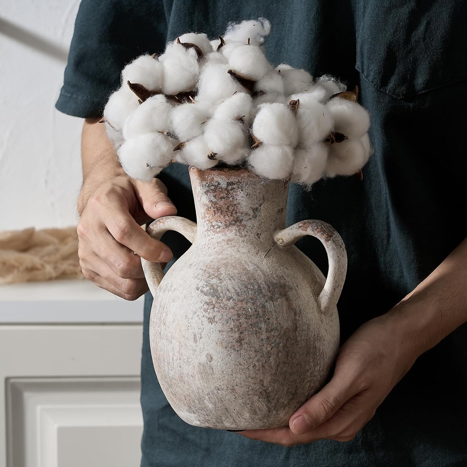 SIDUCAL Rustic Ceramic Flower Vase with Two Handles