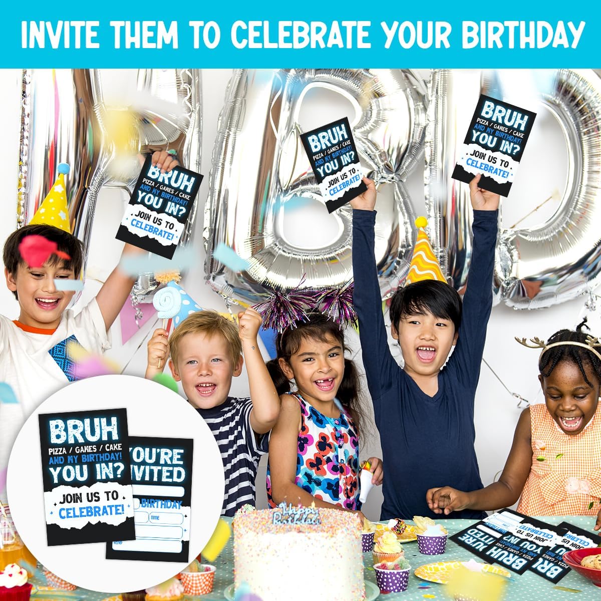 Pizza Games Cake Birthday Party Invitations Set