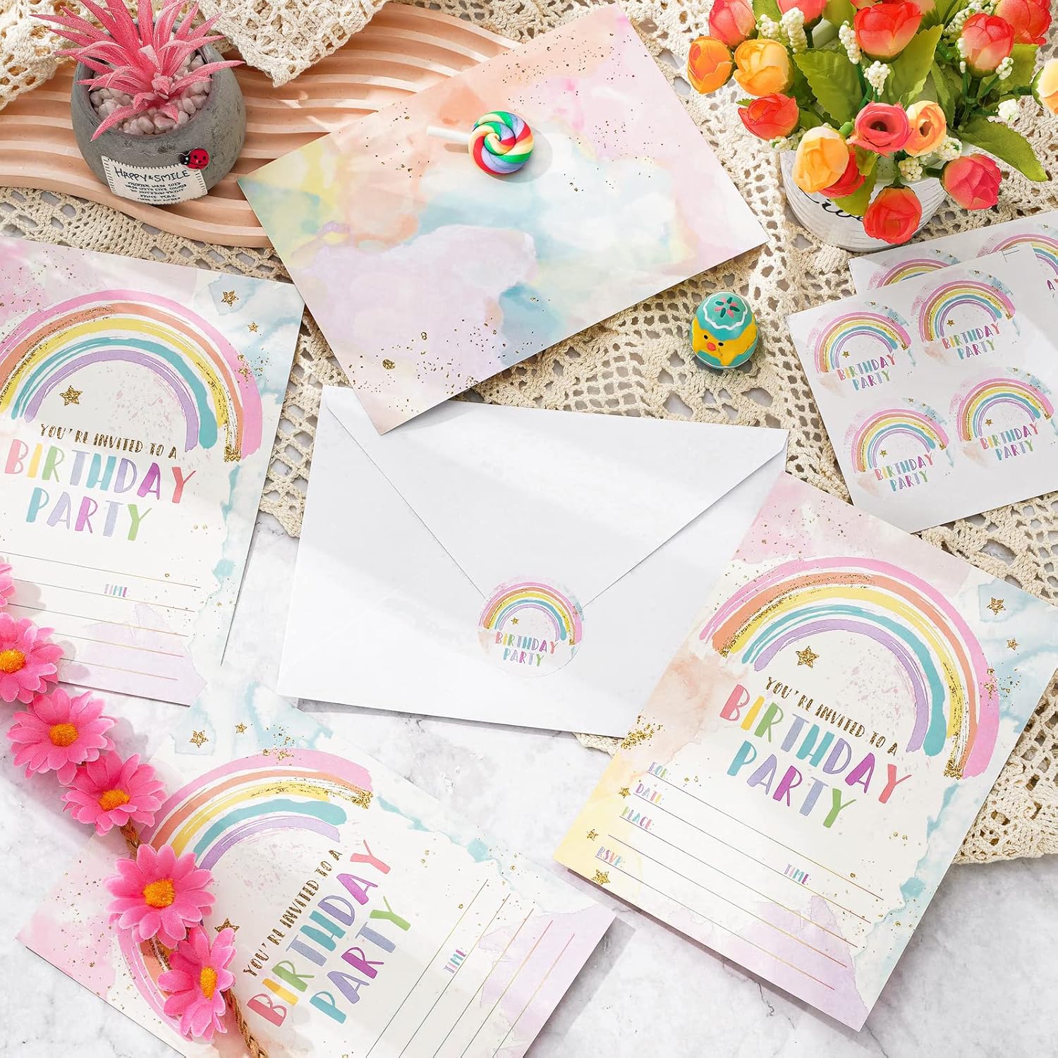 Rainbow Birthday Invitations with Envelopes Set of 20
